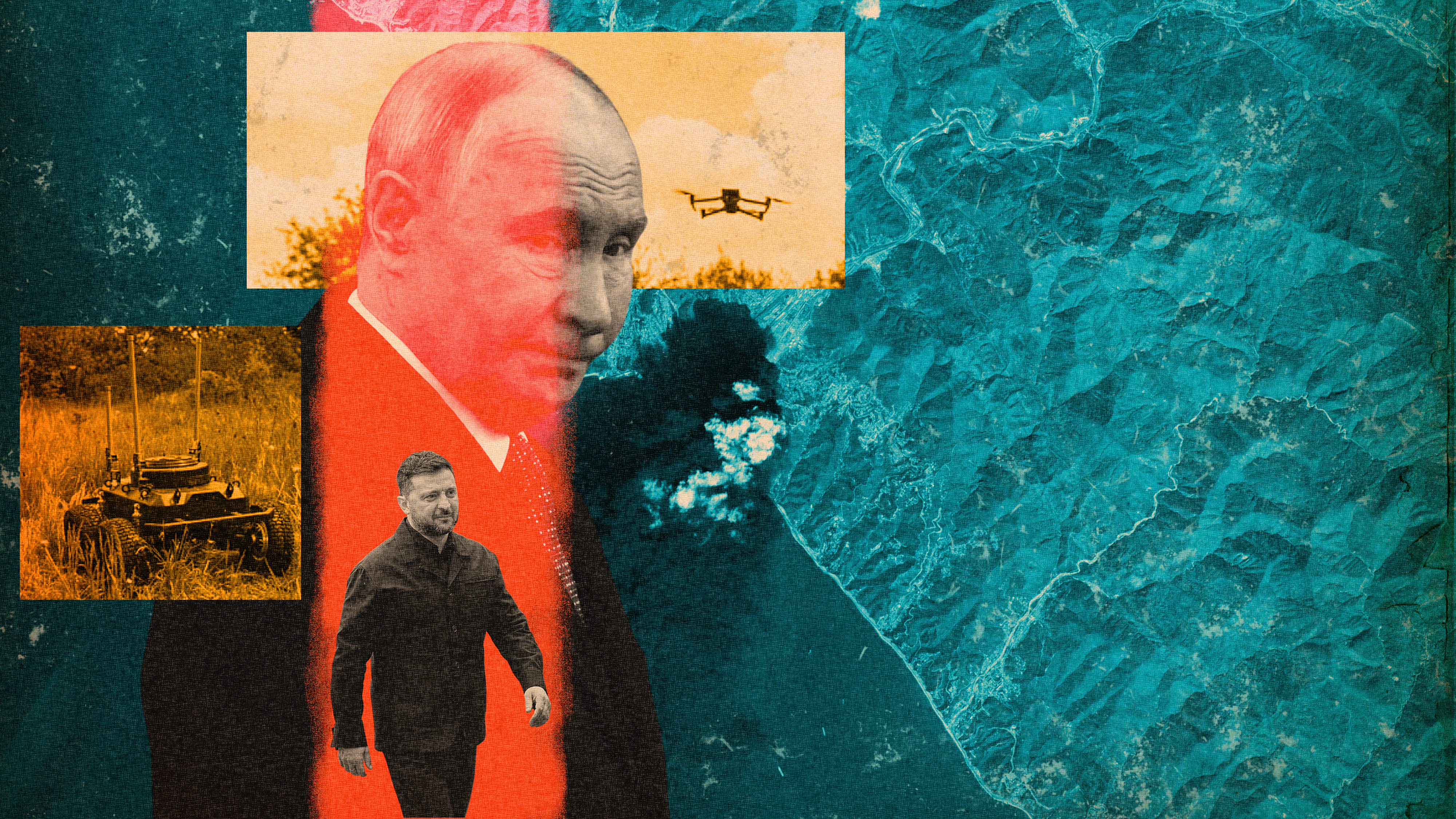 Collage: Putin, davor – kleiner – Selensky, im Hintergrund: Ein Luftbild vom Drohnenangriff auf Tuapse, dazu zwei Drohnen.