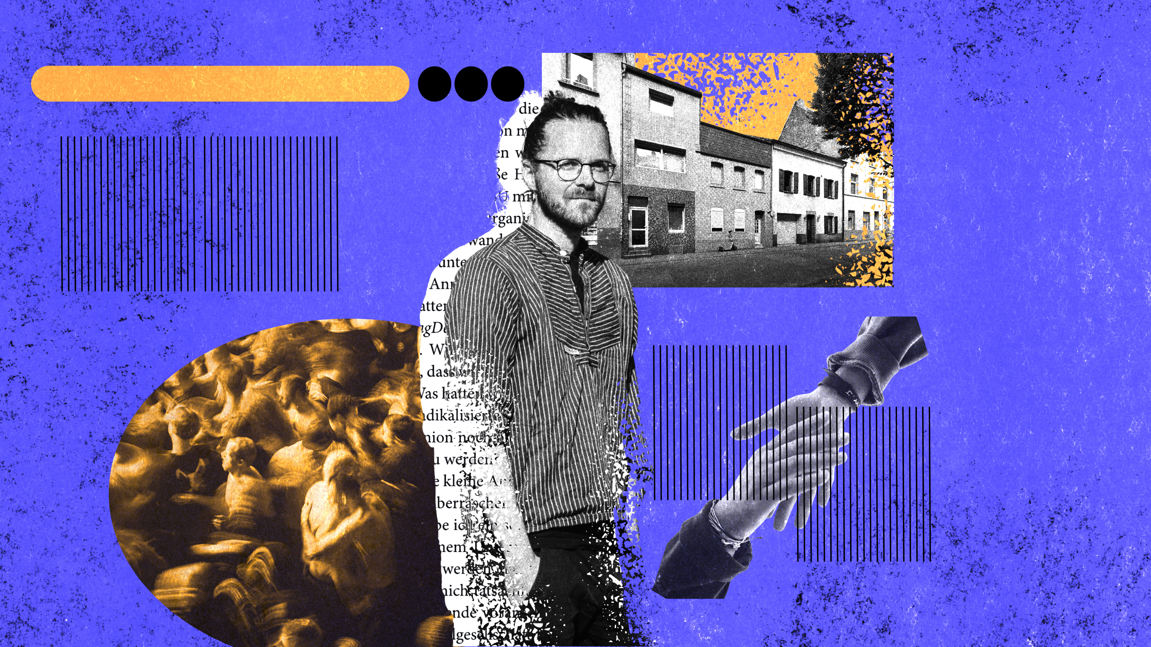 Collage von Arne Semsrott, eine Häuserfront, einer Menschenmenge und zwei sich reichenden Händen.