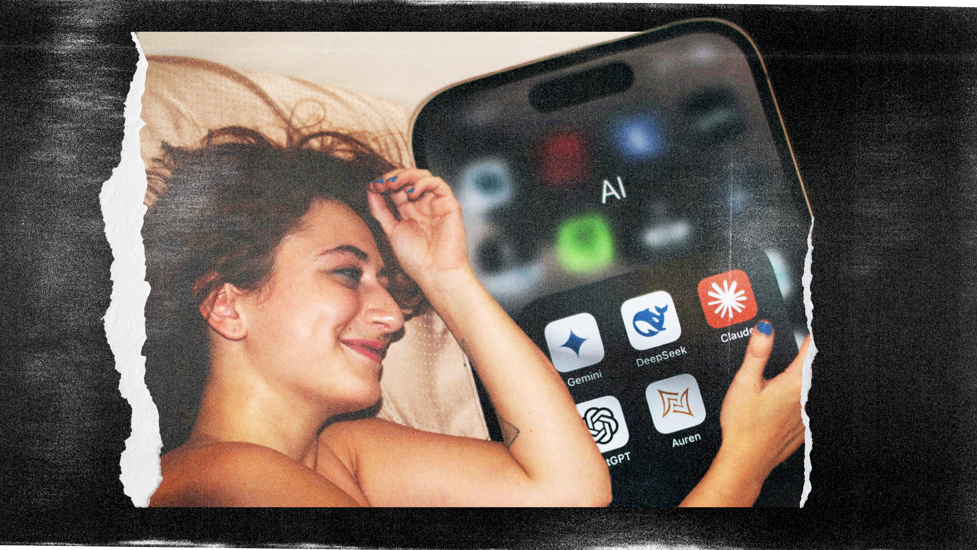 Collage: Eine Frau liegt mit einem Übergroßen Handy im Bett, darauf zu sehen sind die Icons von KI-Apps.