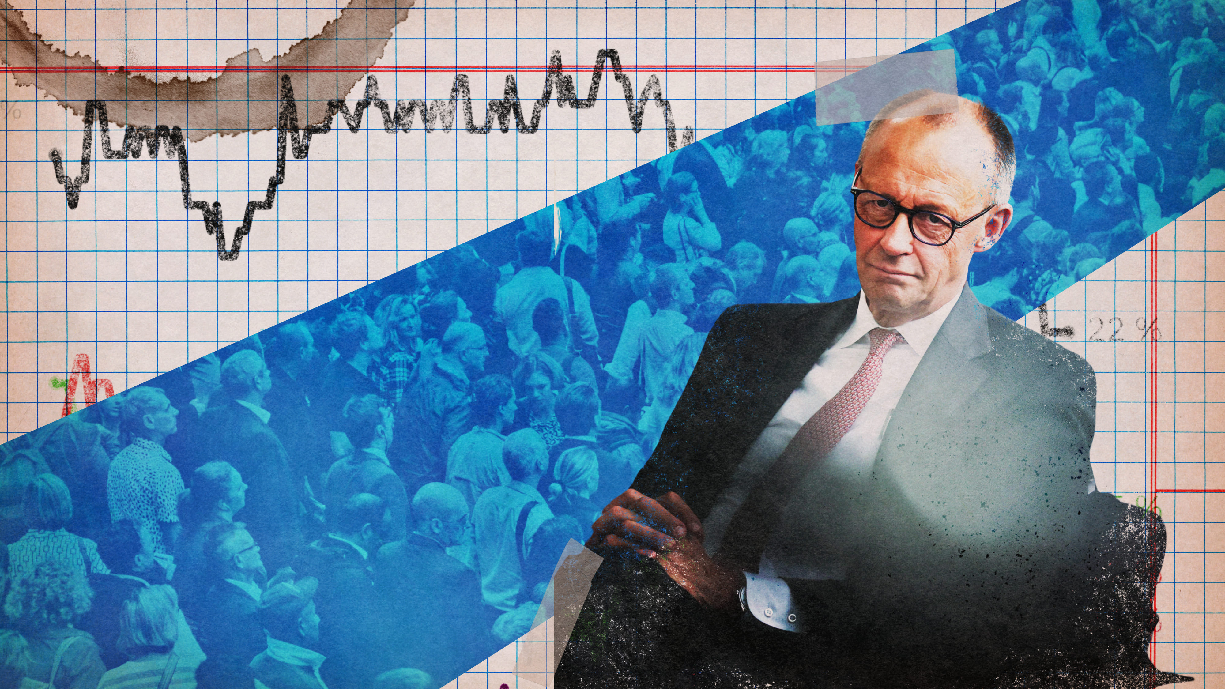 Collage: Kanzler Merz sitzt vor einer Menschenmenge, dahinter die Umfrageergebnisse der CDU.