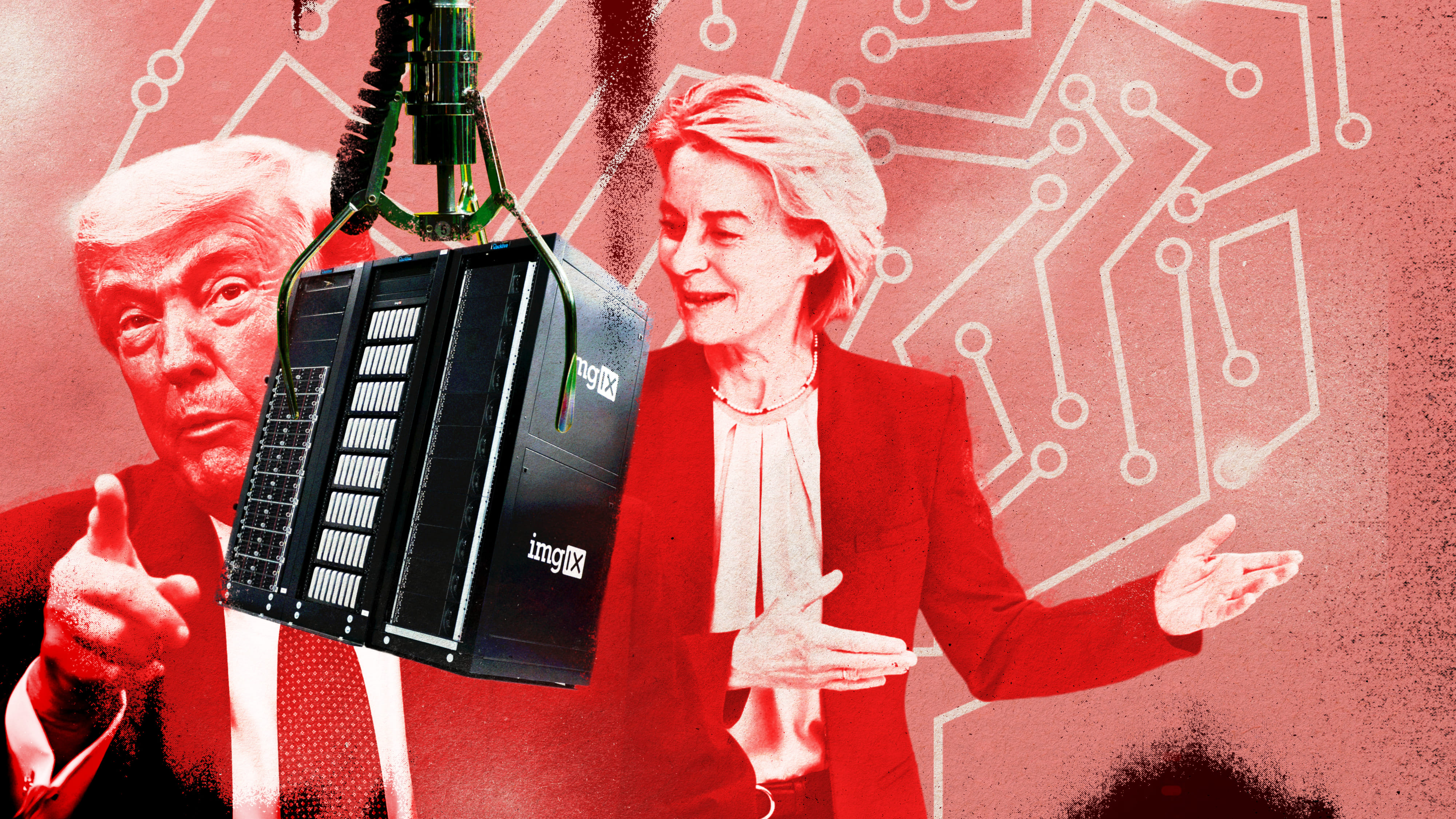 Collage: Ein Serverschrank hängt an einem Greifarm, dahinter Donald Trump und Ursula von der Leyen.