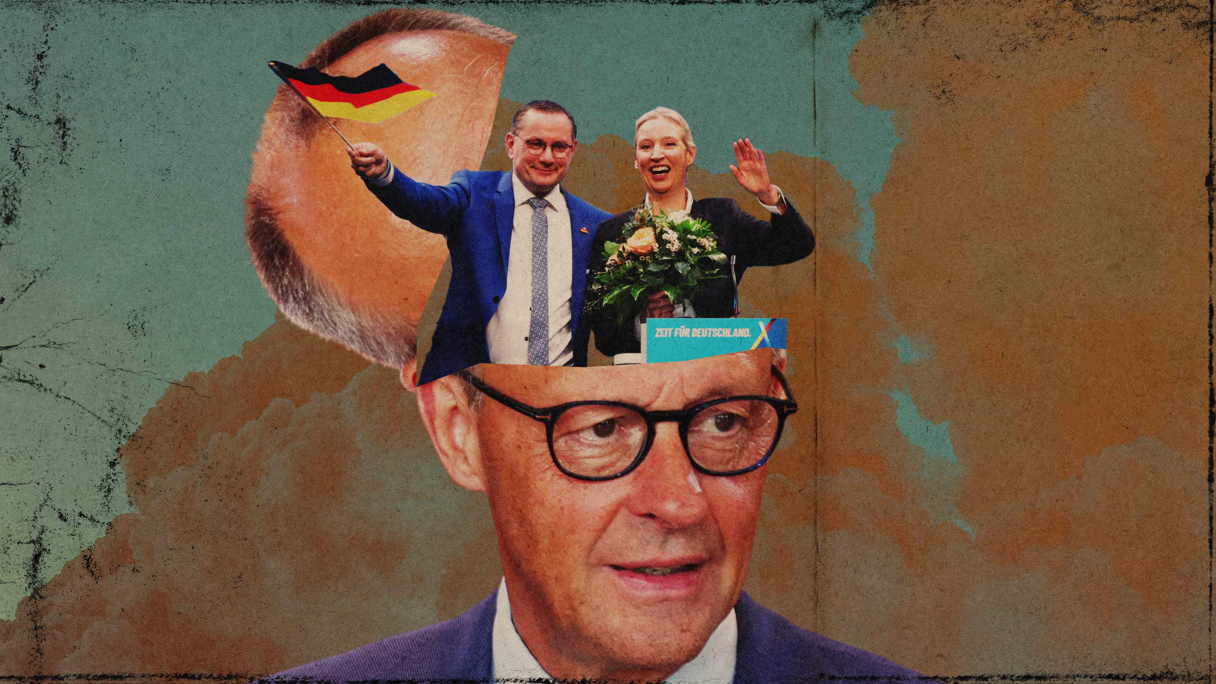 Collage: Aus dem Kopf von Friedrich Merz winken Alice Weidel und Tino Chrupalla.