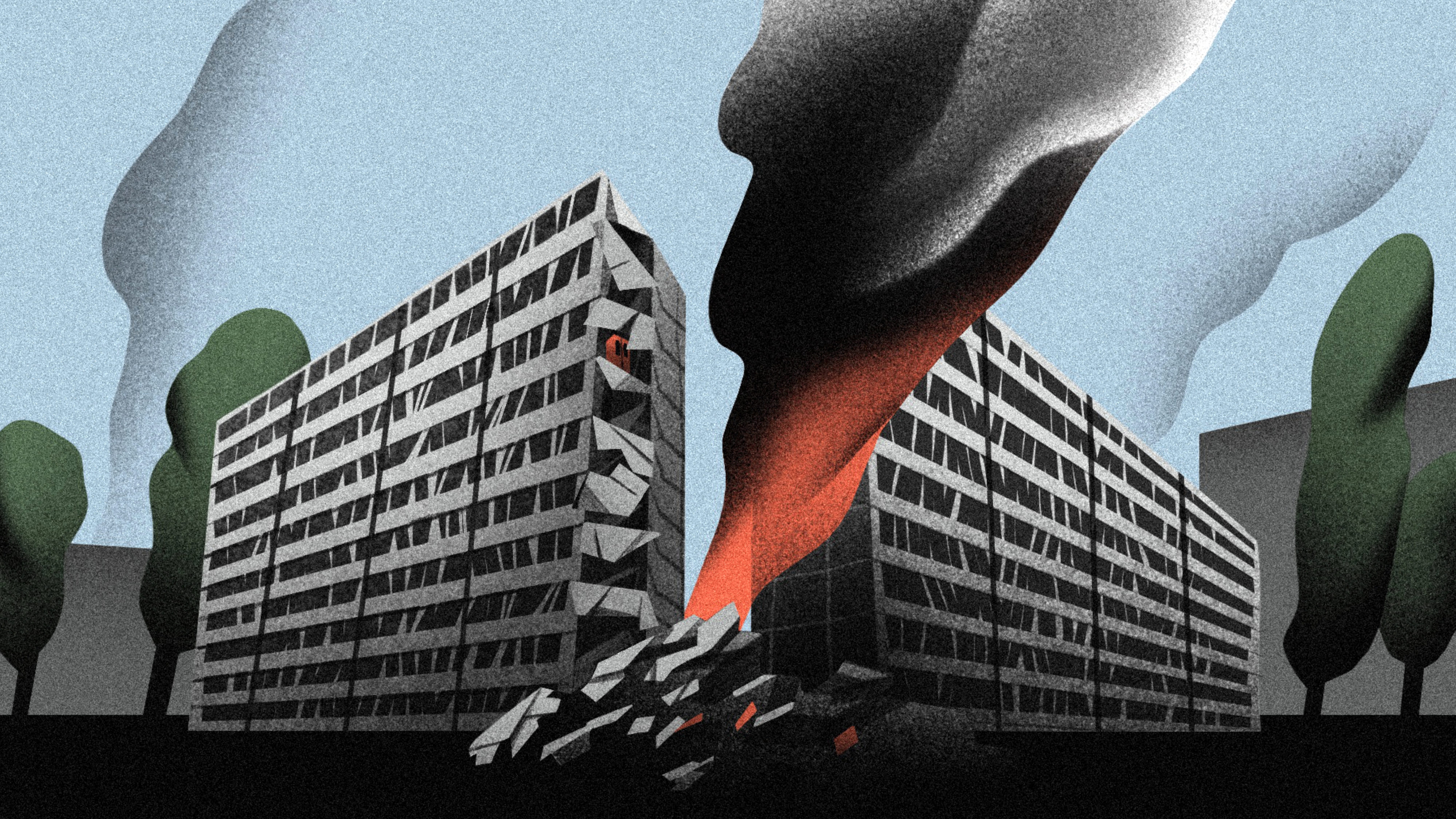 Man sieht die Illustration eines brennenden Wohnhauses.