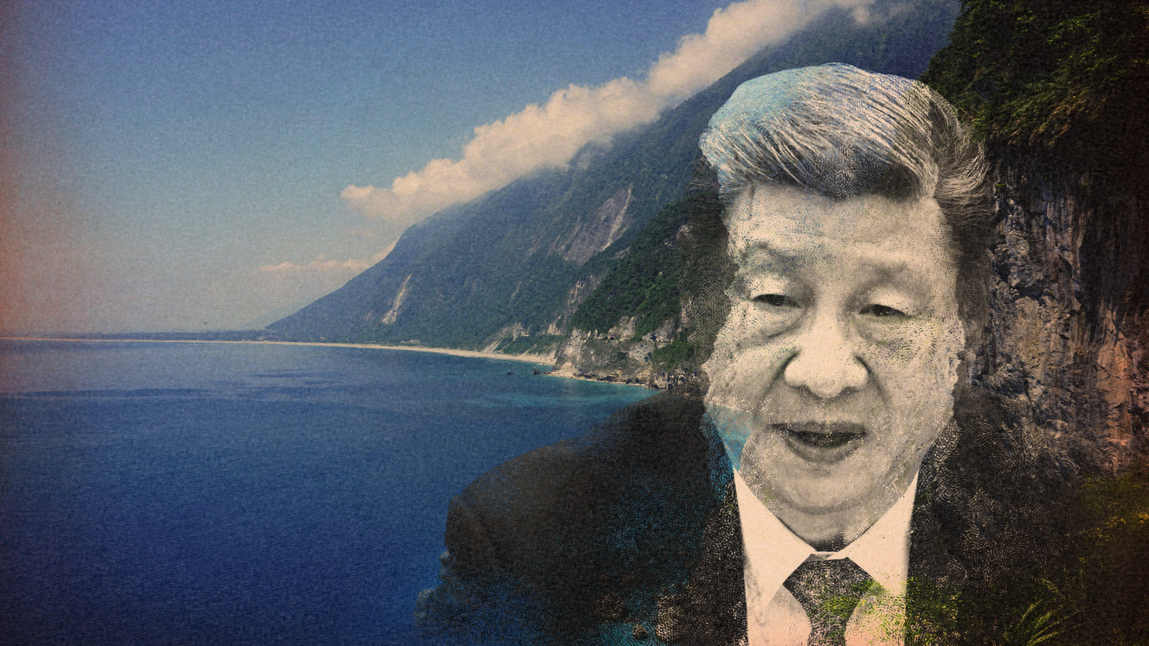 Montage: Chinas Xi Jinping eingeblendet vor der taiwanesischen Steilküste.