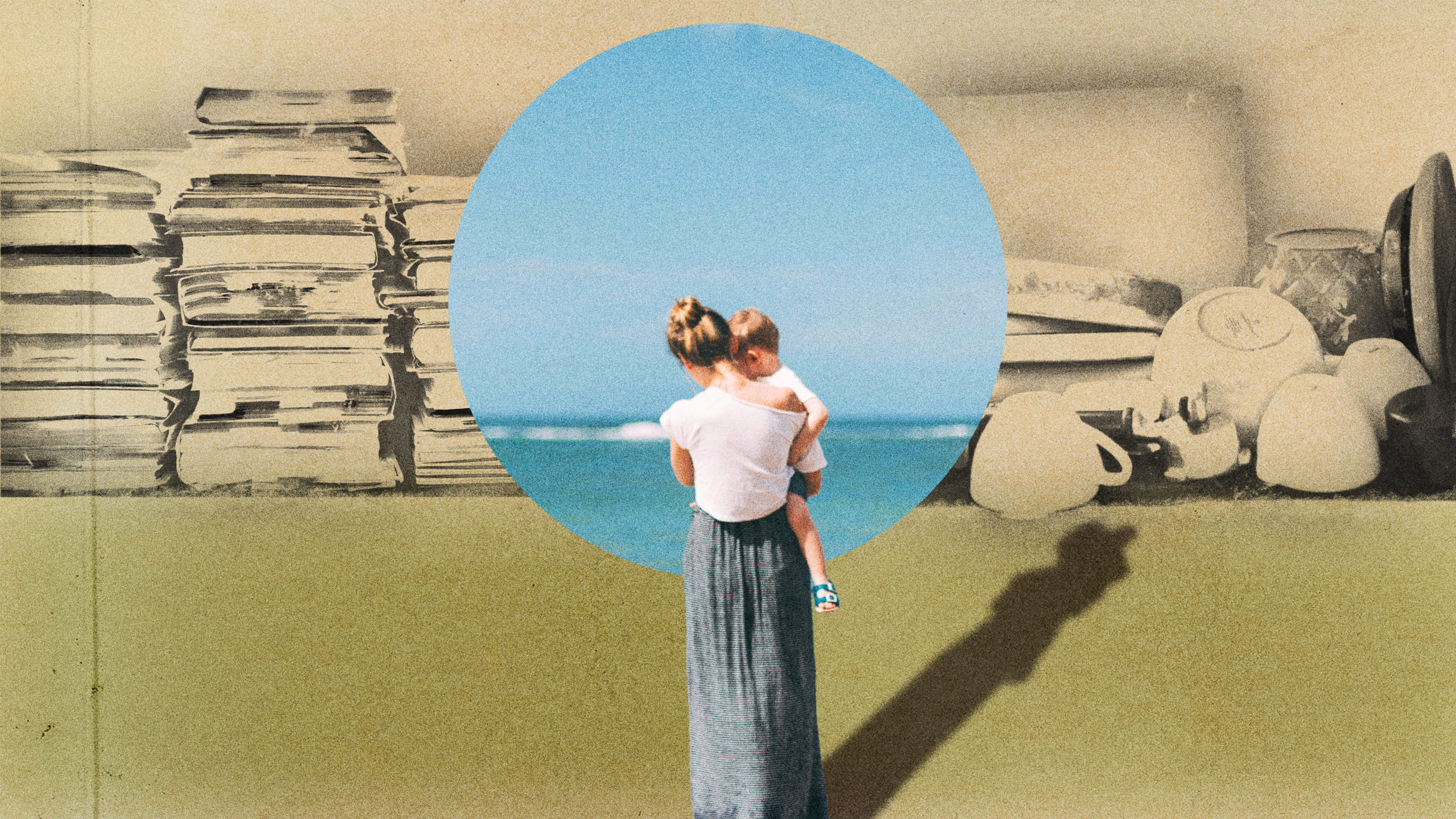 Collage: Eine Frau trägt ihr Kleinkind am Meeresufer, dahinter Berge von Abwasch und Büroarbeit.