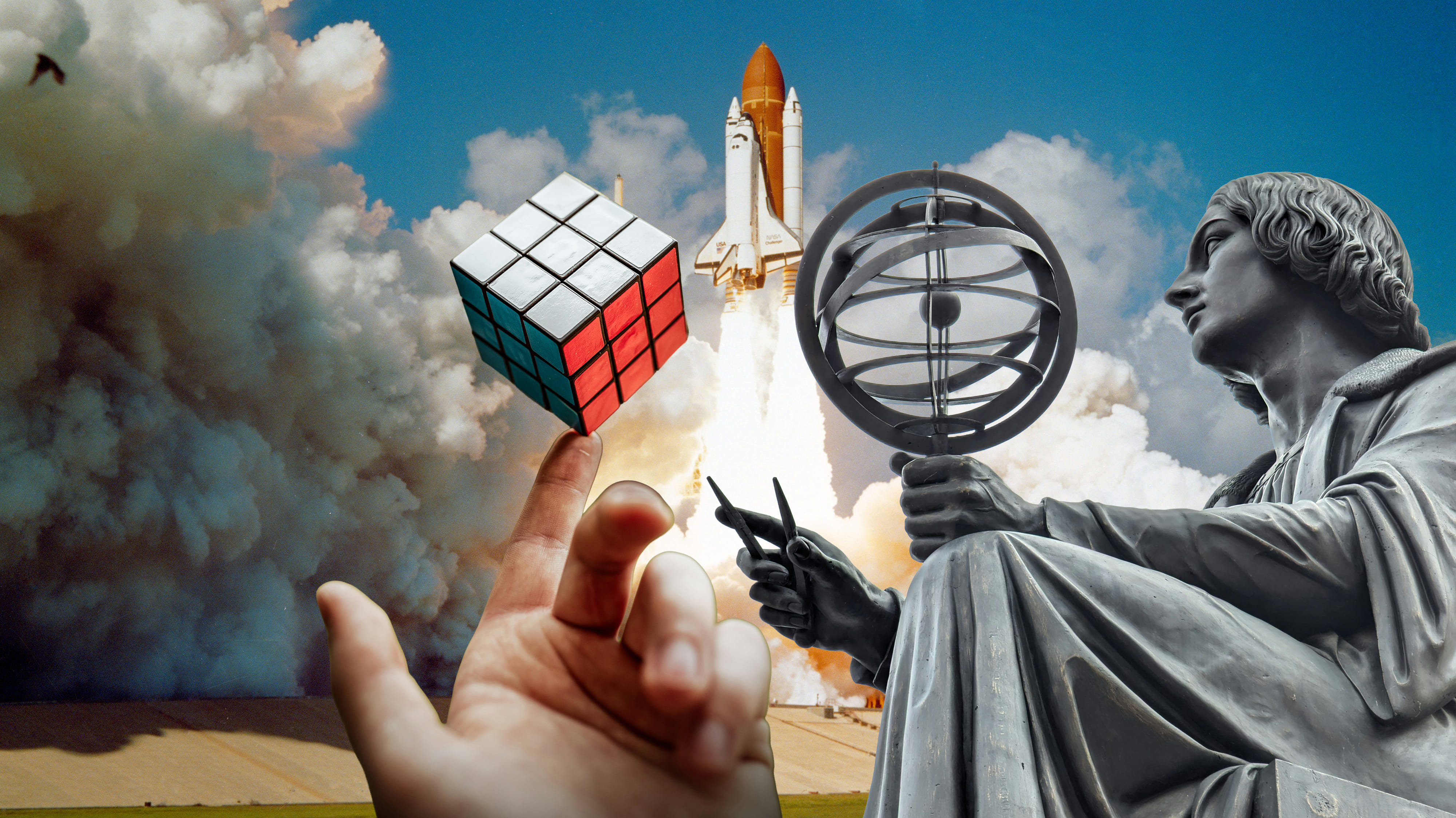 Collage von einer Statue, einem Zauberwürfel, einer Rakete und vielen Rauchwolken.