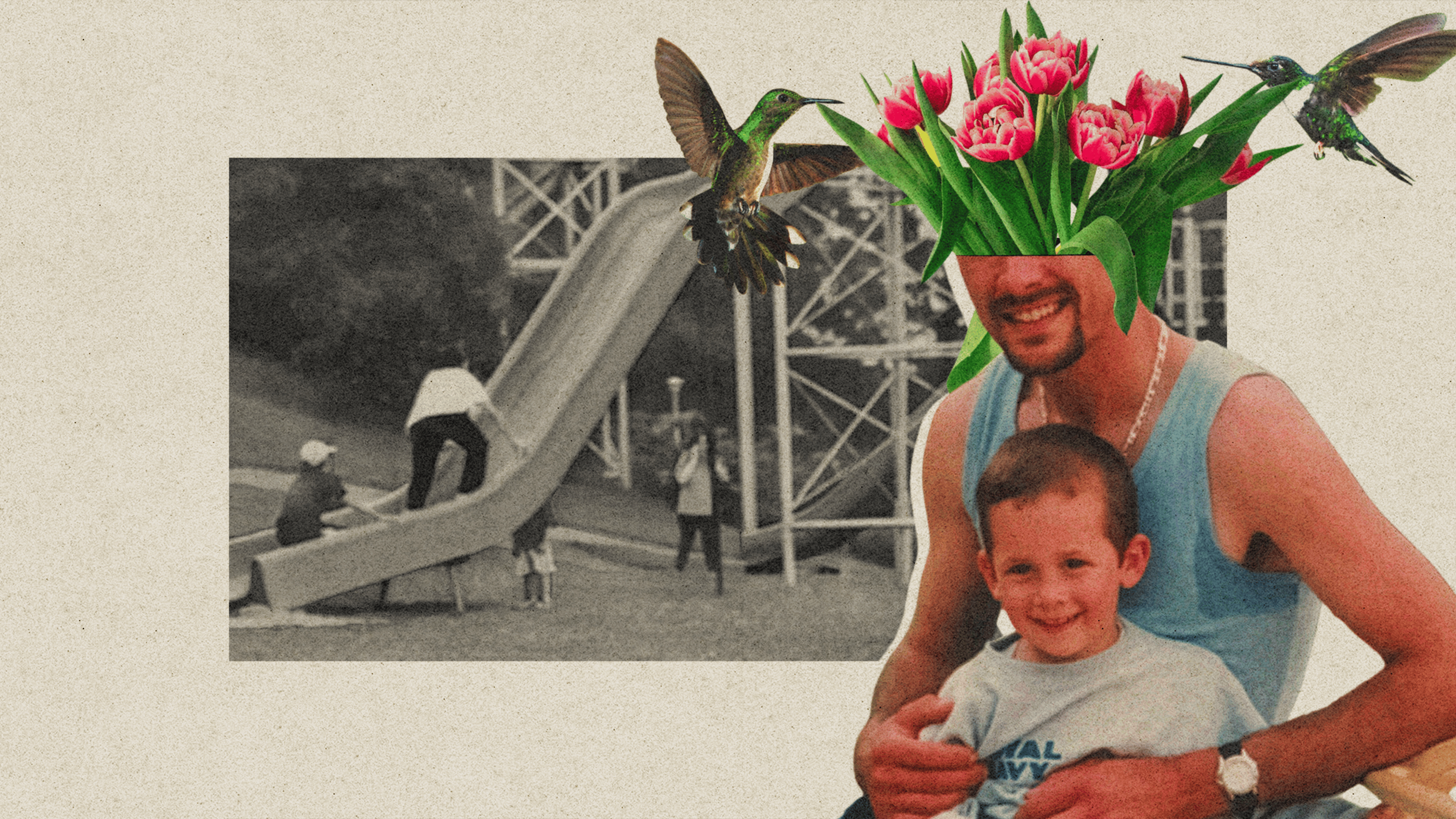 Collage: Einem Vater wachsen Blumen aus dem Kopf.