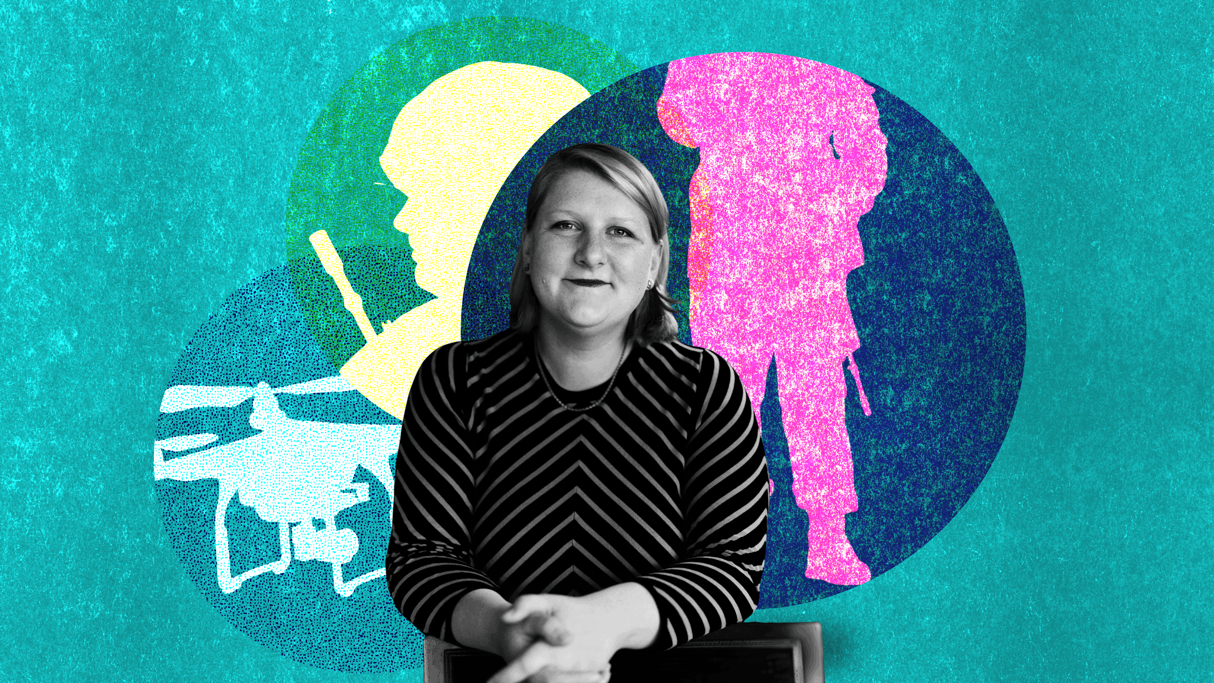 Portrait Foto von Politikwissenschaftlerin Liana Fix. Dahinter Silhouetten von Soldaten und einer Drone.