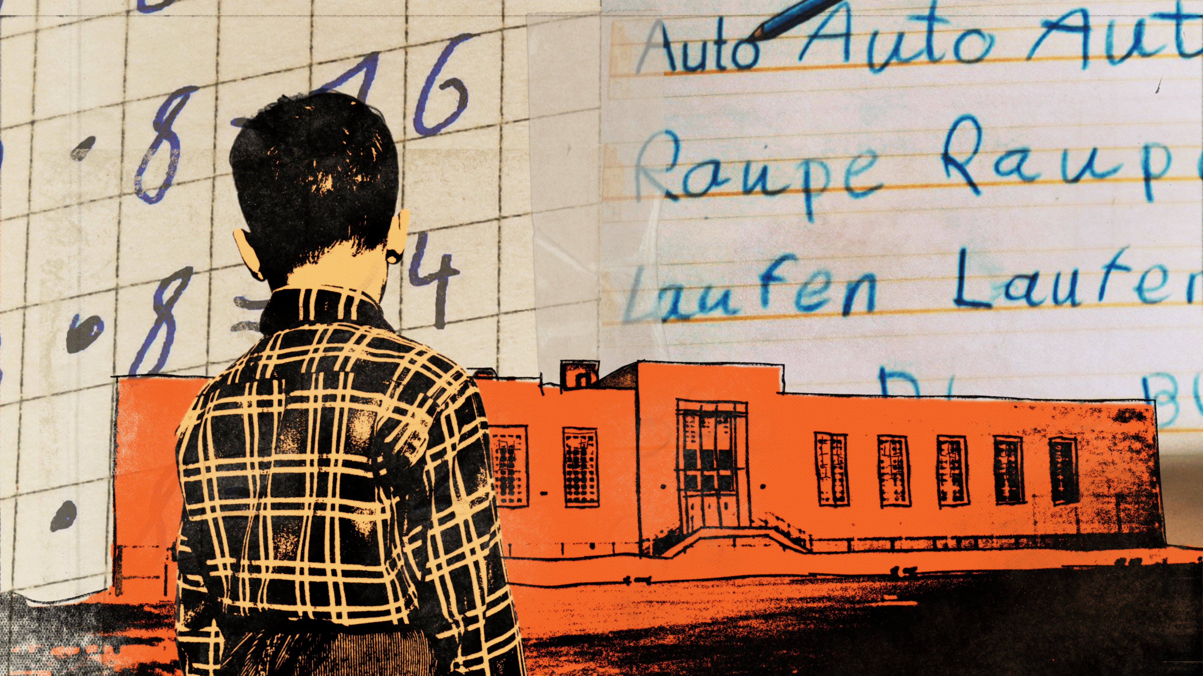 Ein Kind steht vor einer Schule. Dahinter Mathe- und Deutschhefte.
