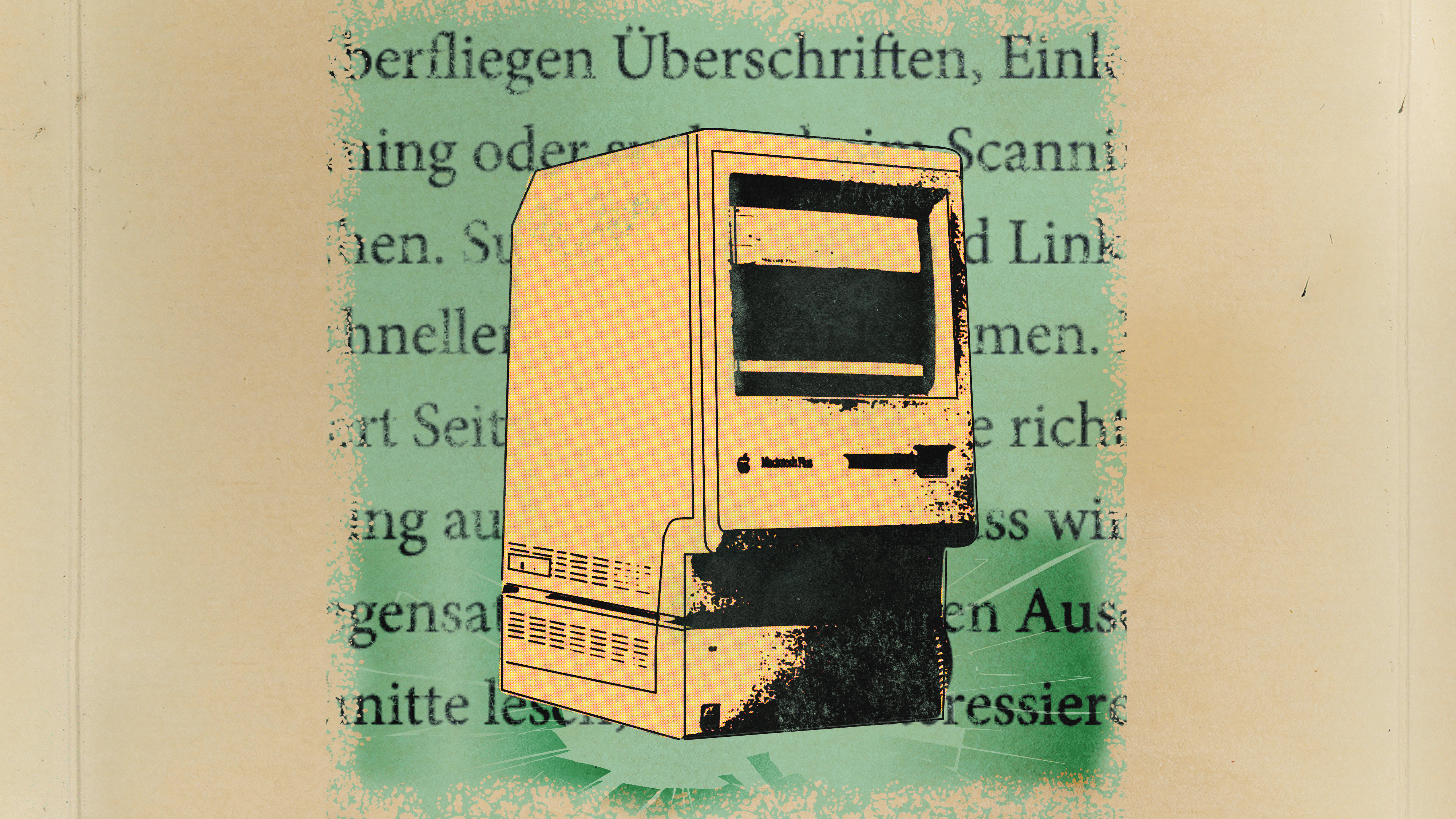 Ein Bild von einem alten Macintosh, dahinter viel Bildschirmtext.