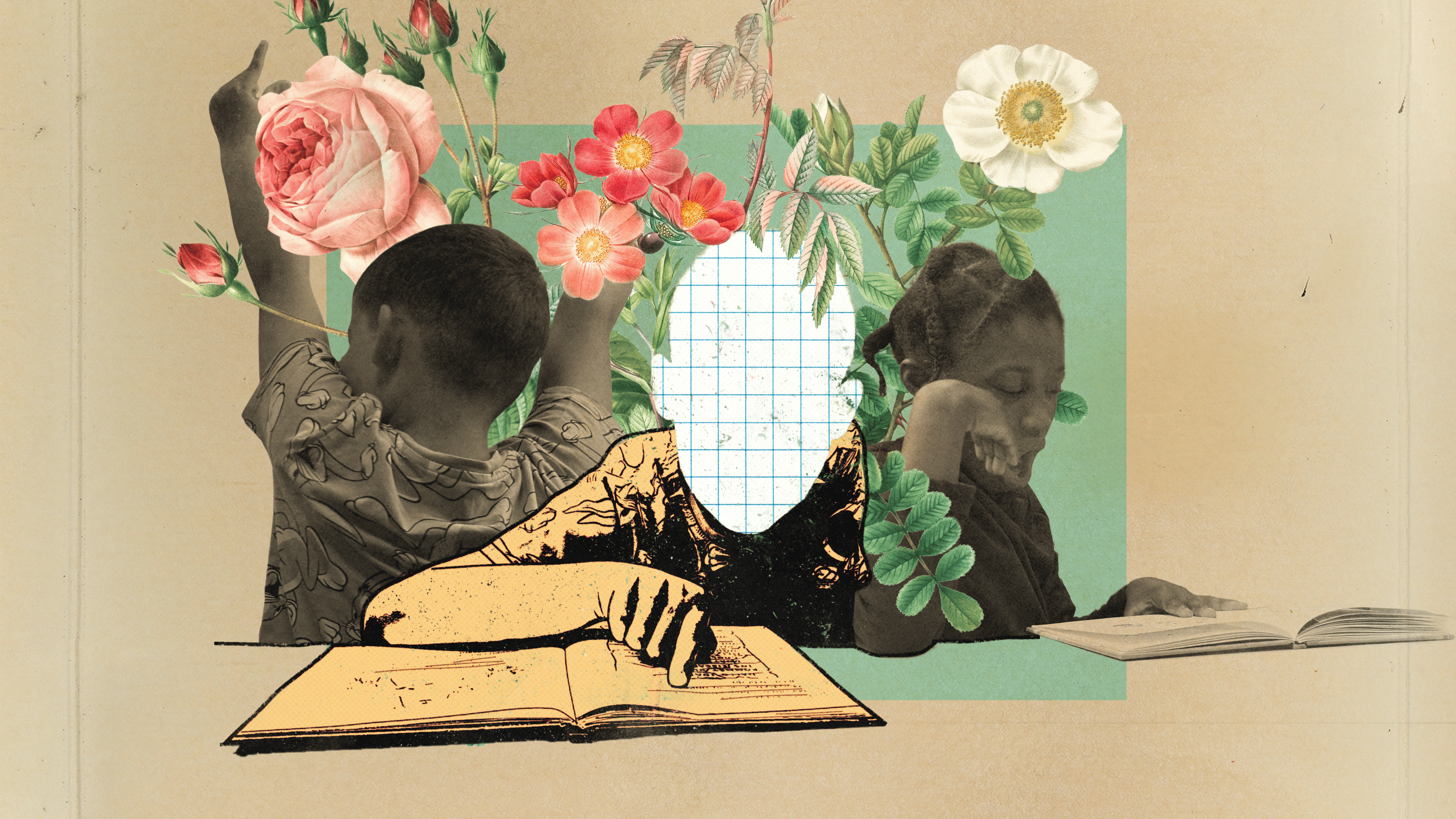 Kinder lesen, dahinter gedeihen Blumen.