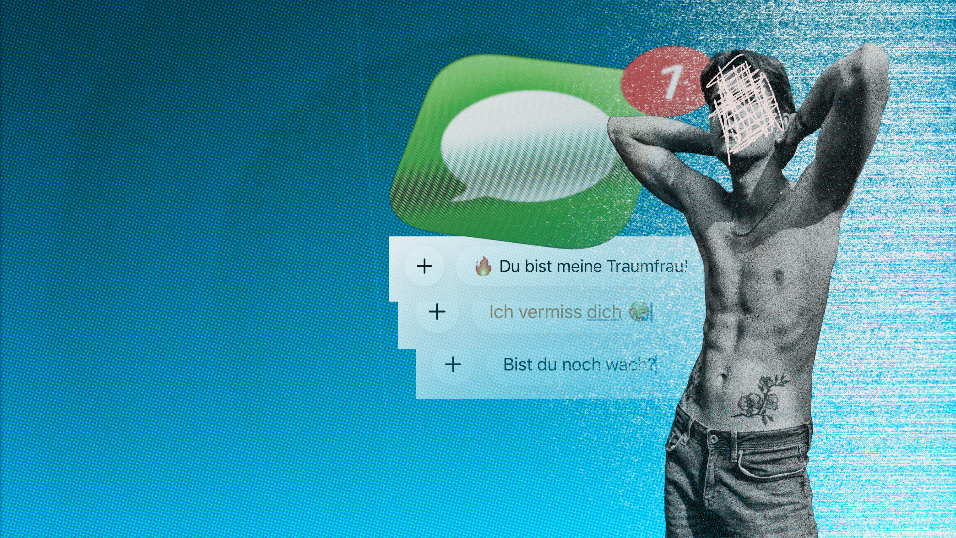 Ein oberkörperfreier Mann, daneben Screenshots von Textnachrichten.