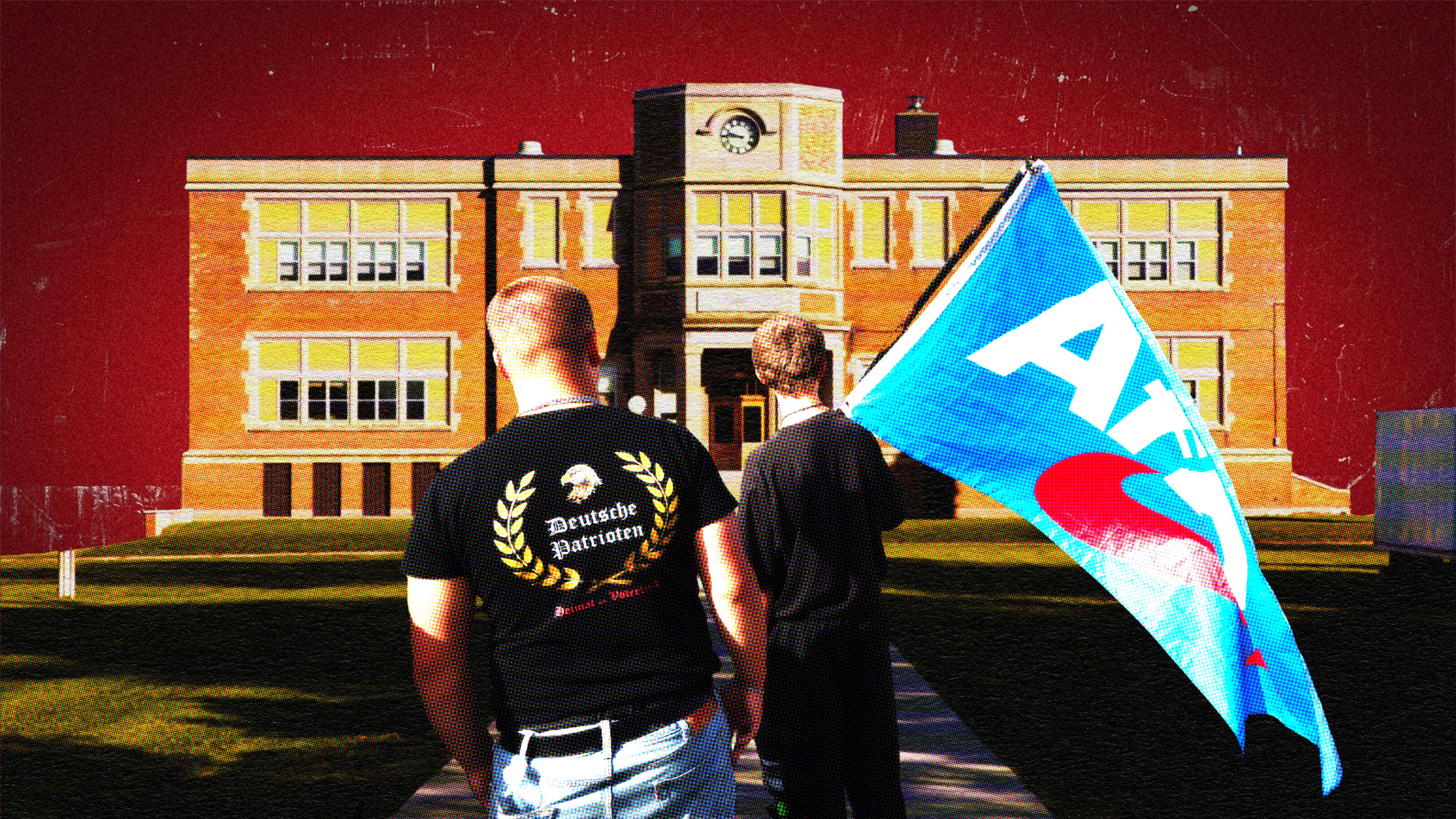 AfD-Anhänger stehen vor einer Schule.