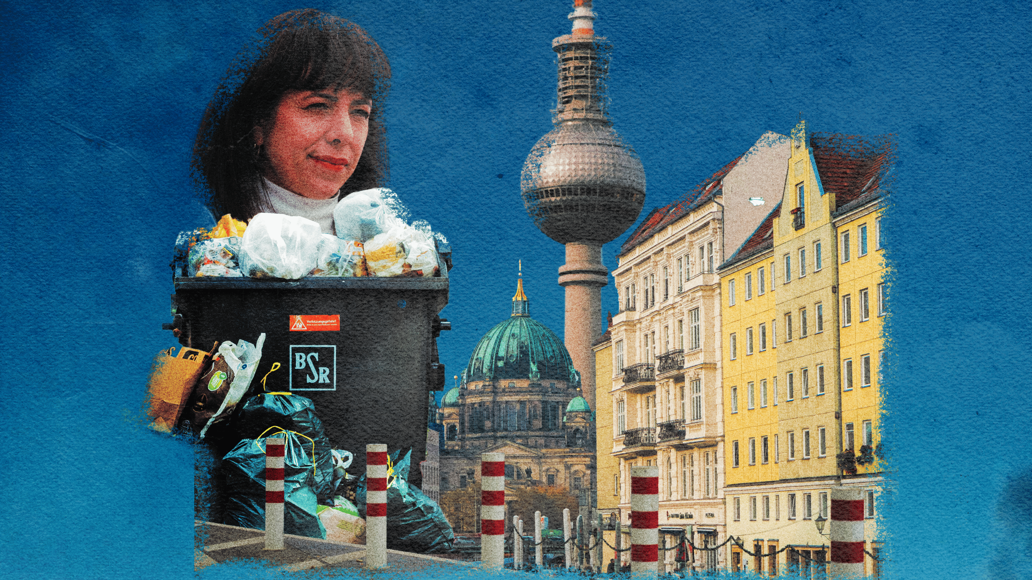 Eine Collage aus Berlin-Bildern: Mülltonnen, Wohnungen, Poller, der Fernsehturm und Spitzenkandidatin der Linken, Elif Eralp.