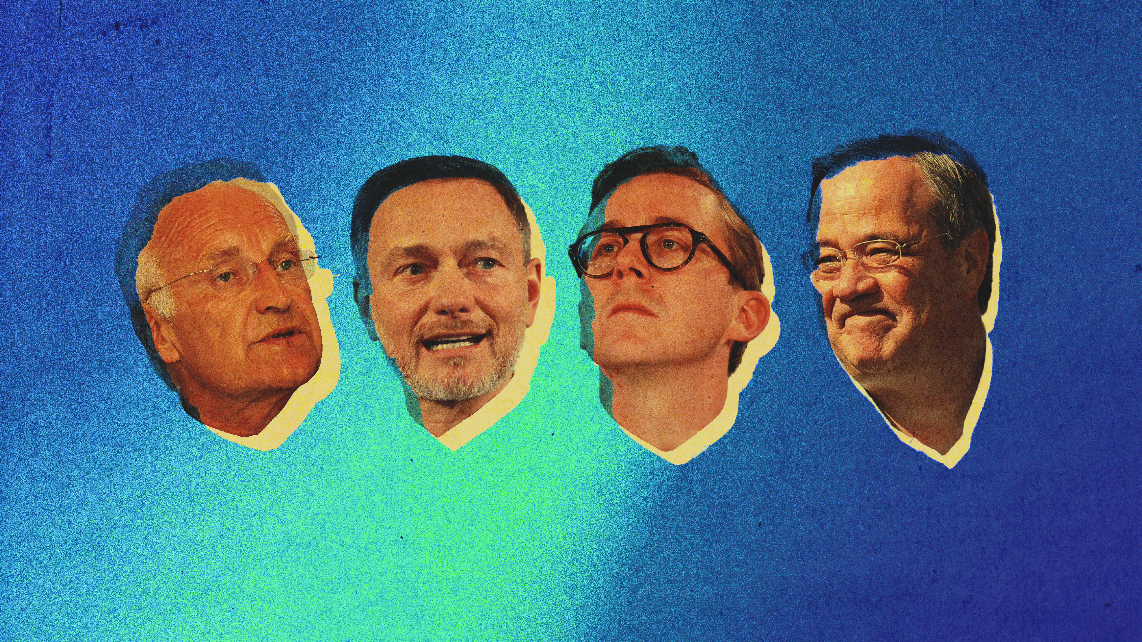 Die Köpfe von Politikern: Lschet, Amthor, Stoiber und Lindner.