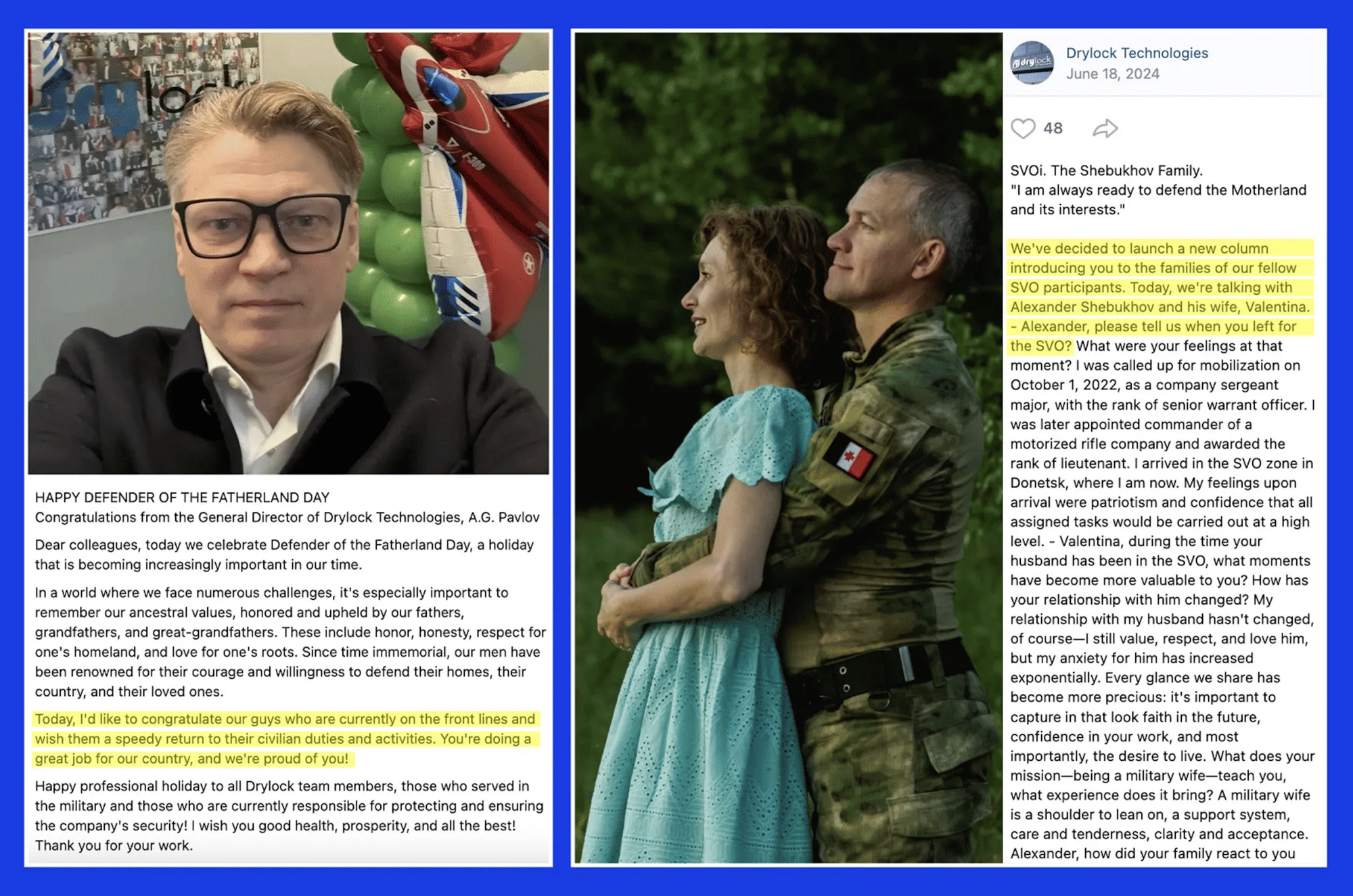 Man sieht Screenshots von den zwei Posts, einer mit einem Selfie des CEOs, der andere mit einem Foto eines Soldaten und seiner Frau.