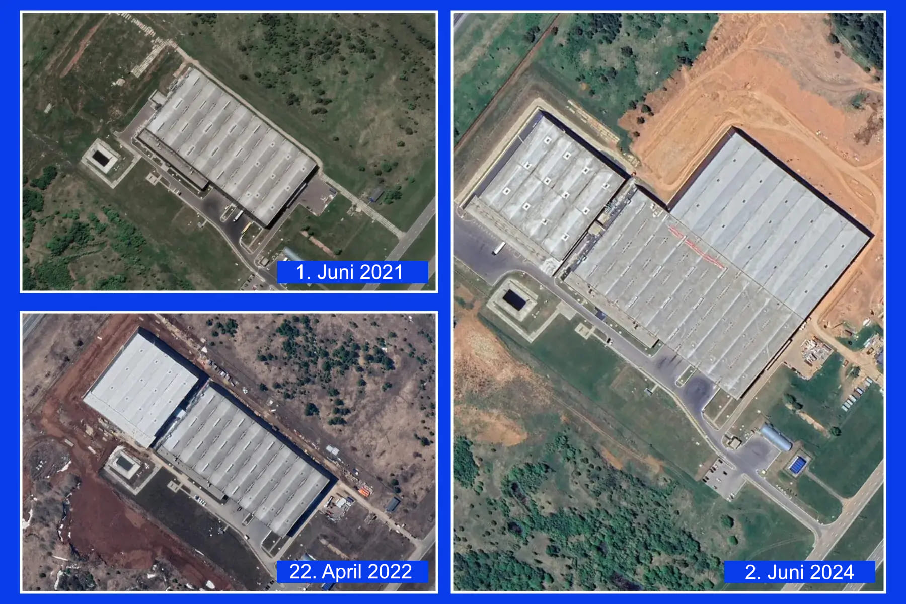 Satellitenbilder, auf denen man Gebäude von oben erkennen kann.