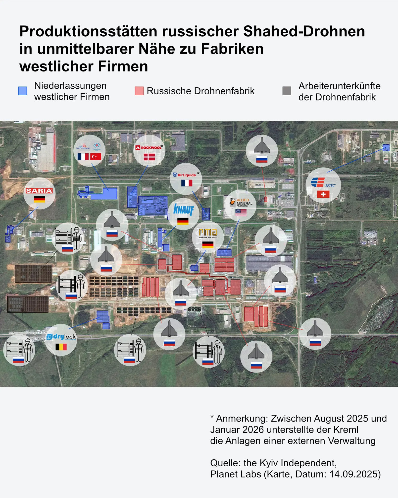 Grafik, bei der mit Flaggen und Firmenbezeichnungen gekennzeichnet ist, in welchem Gebäude sich welche Firma befindet.