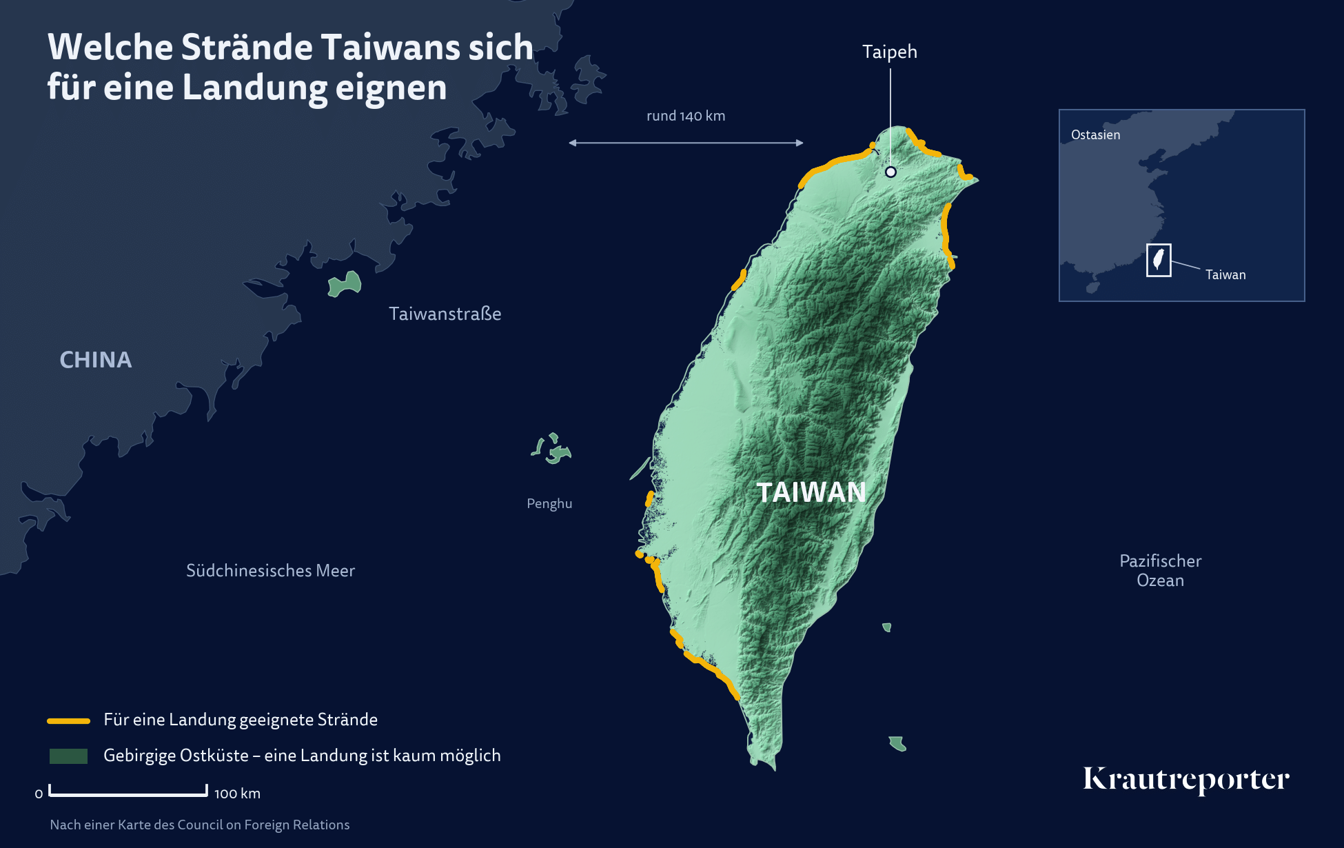Karte von Taiwan und der gegenüberliegenden chinesischen Küste, getrennt durch die rund 140 Kilometer breite Taiwanstraße. Gelbe Markierungen an der West-, Nord- und Südküste kennzeichnen die für eine militärische Landung geeigneten Strände; die grün markierte, gebirgige Ostküste gilt als kaum geeignet.