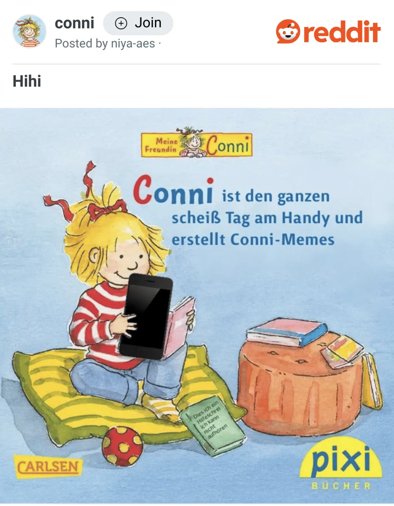 Ein nachgebautes Cover im Stil von Conni: "Conni ist den ganzen scheiß Tag am Handy und erstellt Conni-Memes".