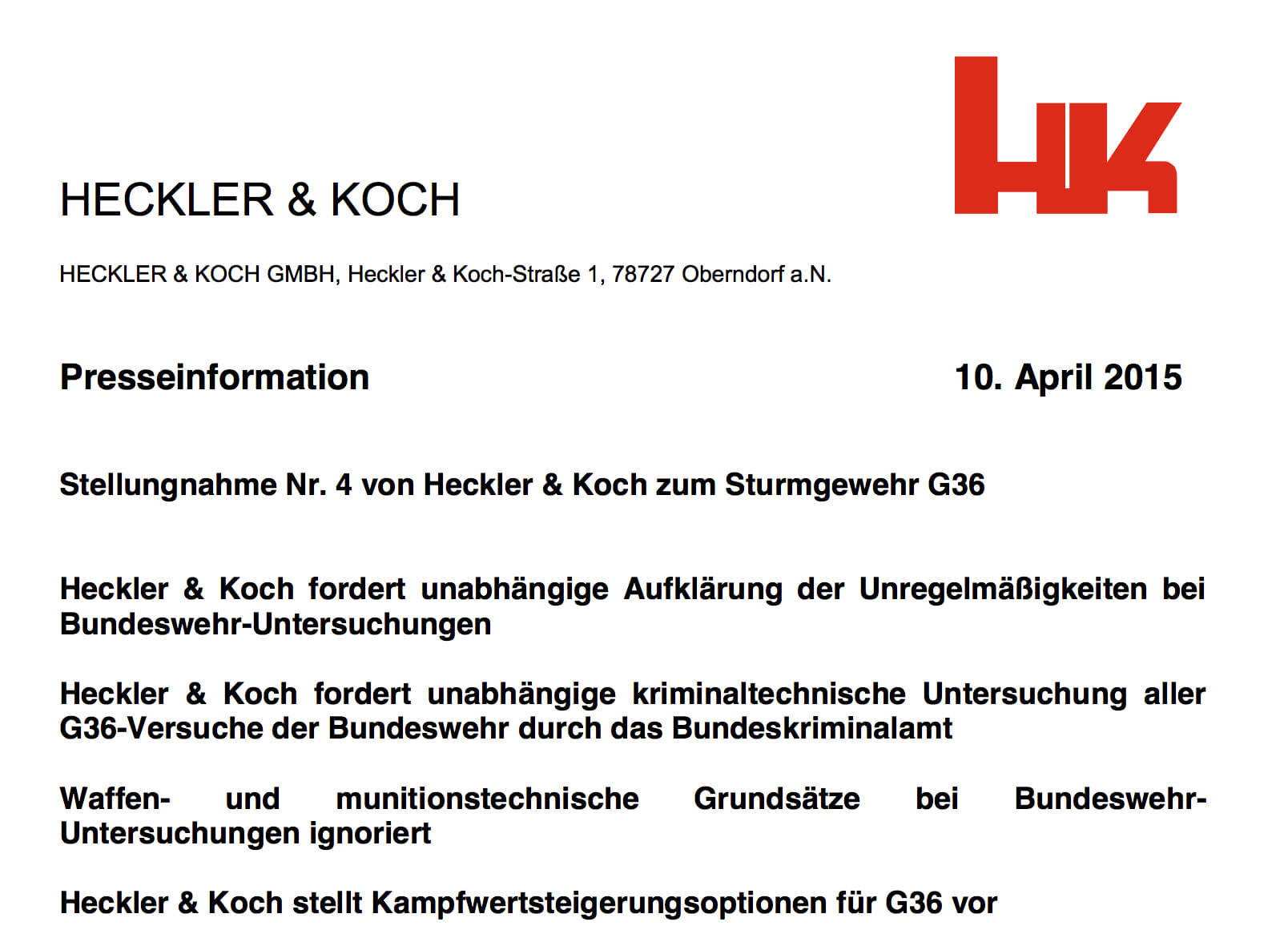 Presseerklärung von Heckler&Koch vom 10. April 2015