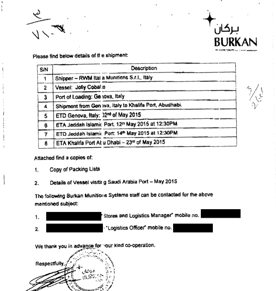 Brief von Burkan Munitions Systems, S. 2