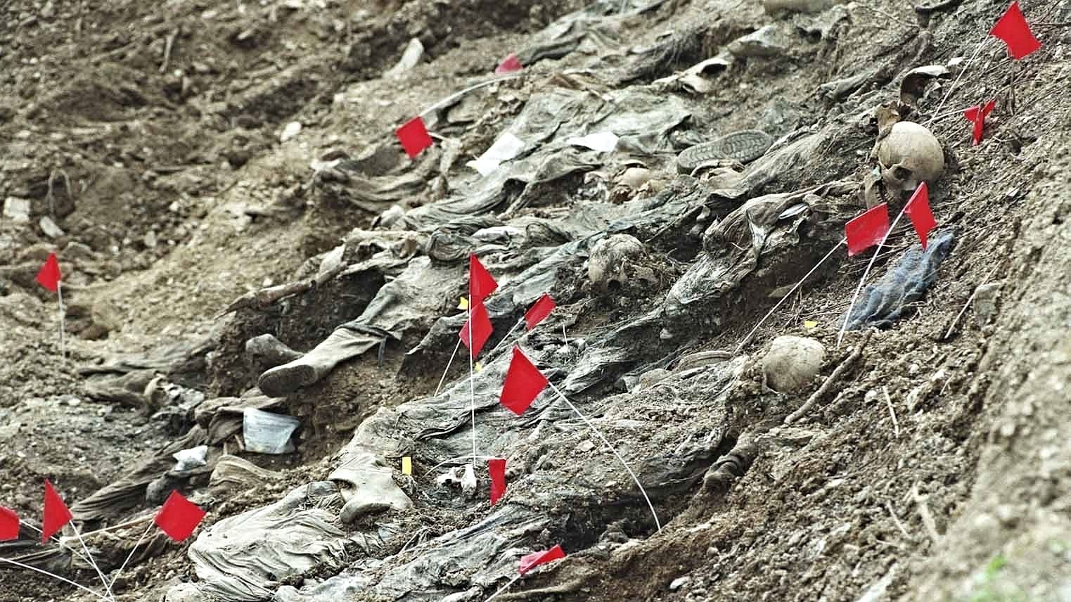 Skelette in einem Massengrab bei Cerska, in der Nähe von Srebrenica. Es wurde im Juli 1996 geöffnet.