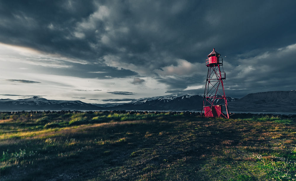 Blick auf den Fjord von Akureyri von der alten Heringsfabrik