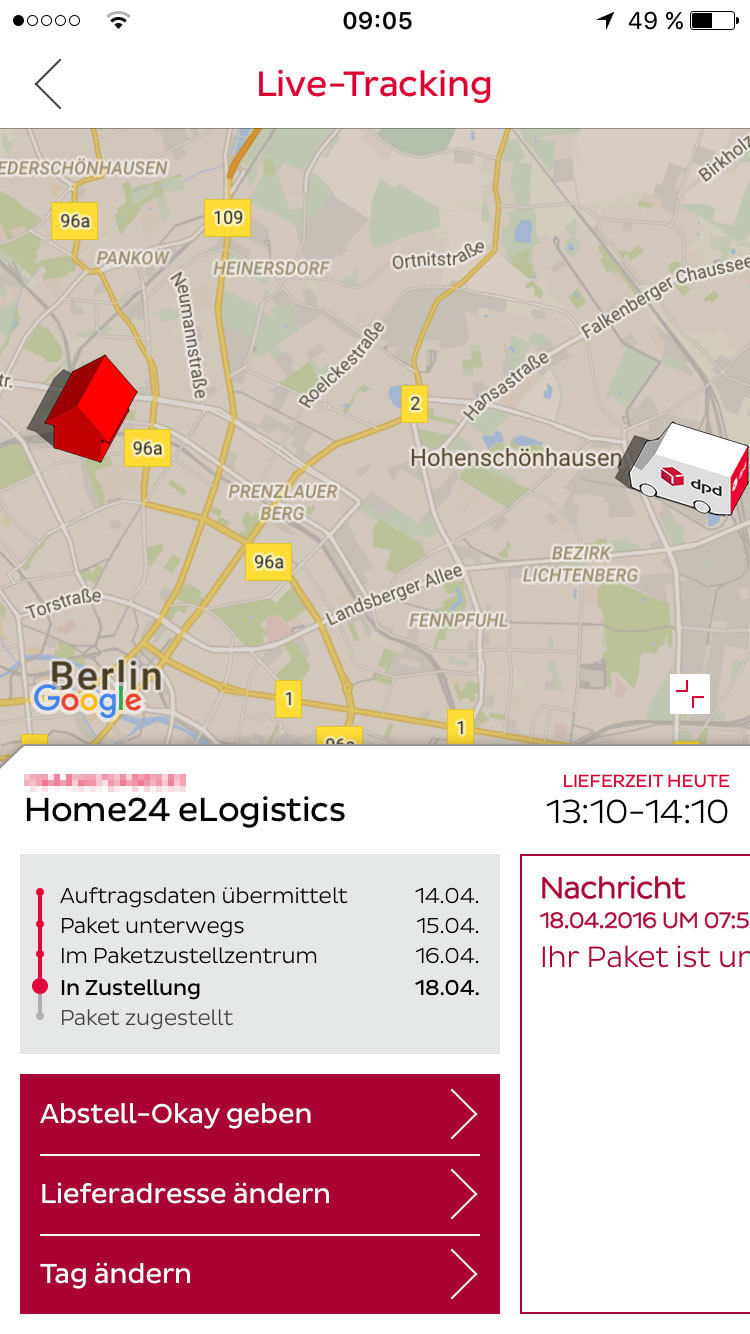 Live Tracking von DPD: Zwischen 13.10 und 14.10 Uhr bloß nicht auf die Toilette gehen.