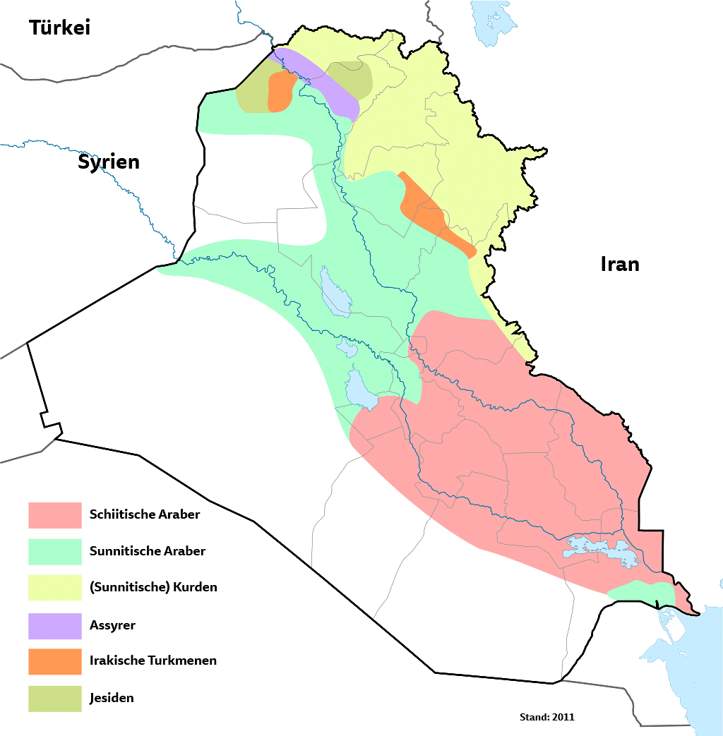 Die Karte spiegelt den Stand des Jahres 2011 wider. Im Sommer 2014 griff der IS die Jesiden im Norden Iraks an, viele flüchteten und leben jetzt in Lagern in der ganzen Region.