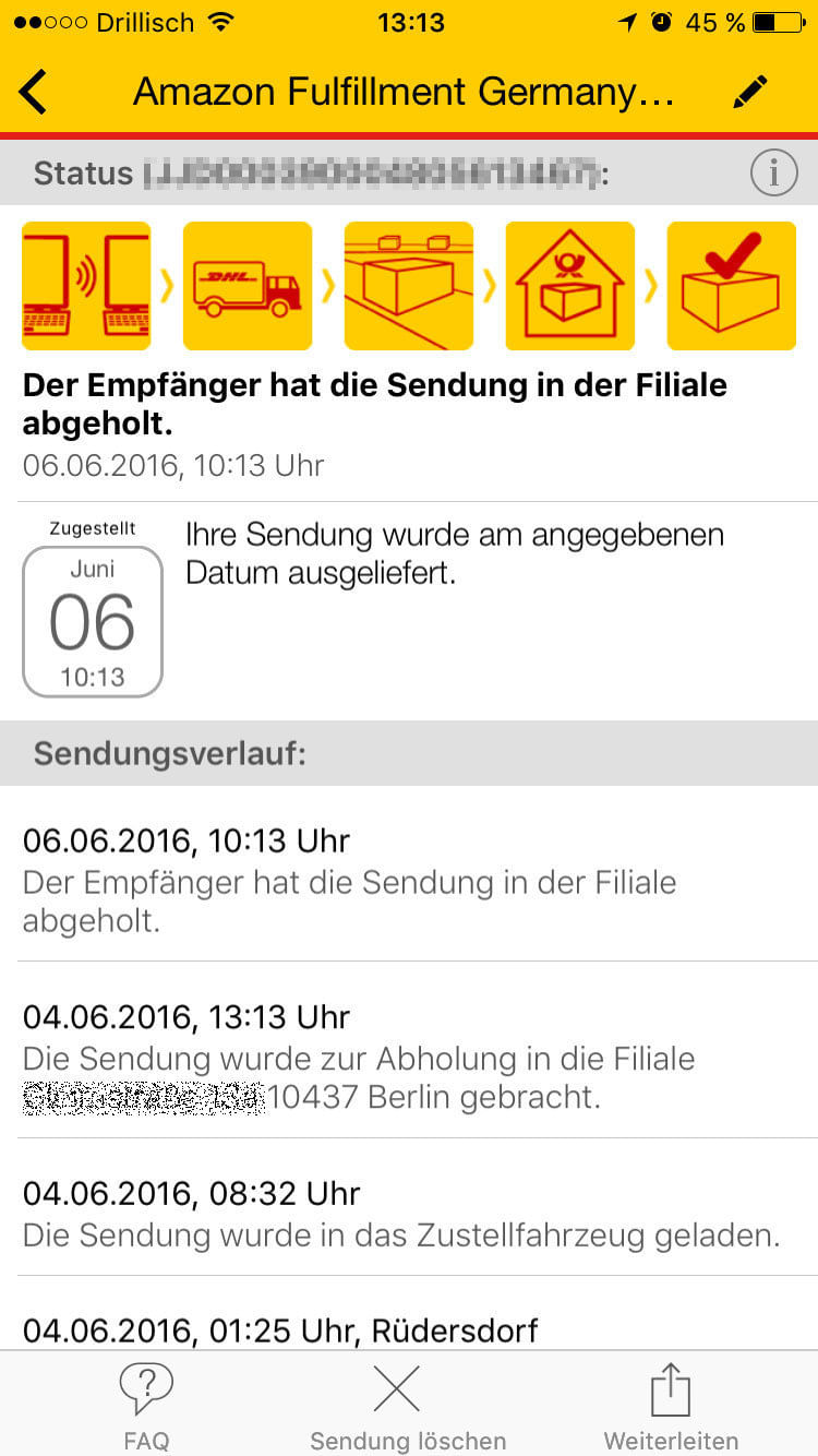 Die DHL-App informiert den Empfänger, sobald sein Paket in der "Filiale" oder im Paketshop abholbereit ist.