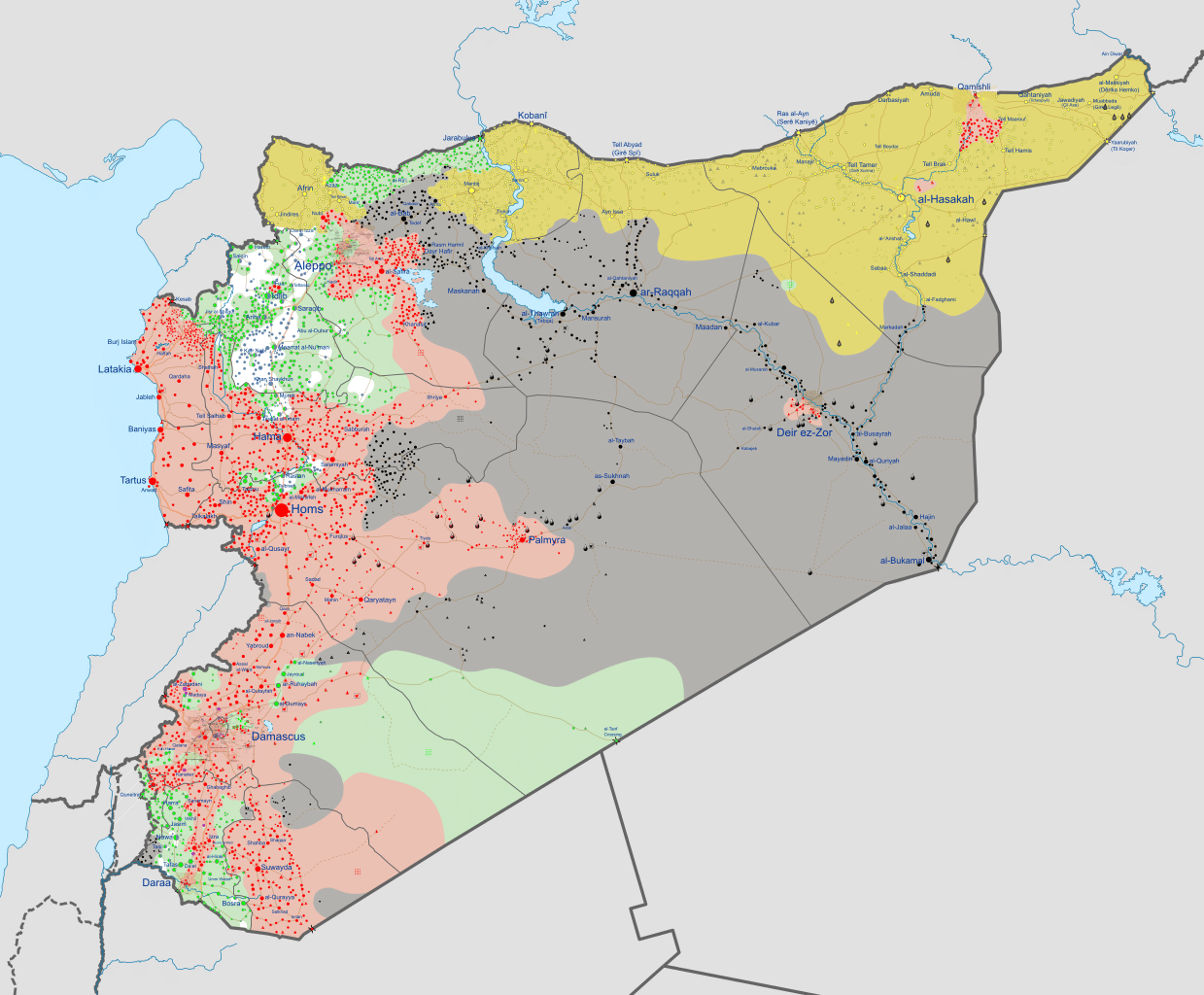 Rot: Von Pro-Assad-Kräften bzw. den Streitkräften Syriens kontrolliert --
Gelb: Von kurdischen Kräften bzw. den Demokratischen Kräften Syriens (SDF) kontrolliert --
Schwarz: Vom Islamischen Staat (IS) kontrolliert --
Grün: Von Rebellen kontrolliert --
Hell: Von Jabhat Fateh al-Sham (früher Nusra-Front) kontrolliert