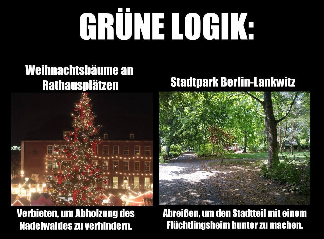 Neben Angela Merkel sind die Grünen eines der Feindbilder des rechtsalternativen Agent provocateur. Fakt ist: Die Düsseldorfer Grünen wollen den gefällten Weihnachtsbaum durch eine lebende Tanne ersetzen. In Berlin-Lankwitz im Bezirk Steglitz-Zehlendorf plant der rot-rot-grüne Senat den Abriss eines Parks samt 200 Bäumen, um eine Flüchtlingsunterkunft zu errichten.