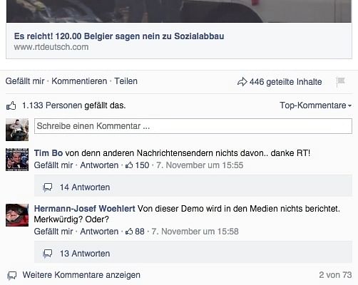 Leser-Reaktionen auf einen "RT deutsch"-Beitrag über Ausschreitungen nach einer Demonstration in Brüssel (angekündigt mit den Worten "Belgien brennt").