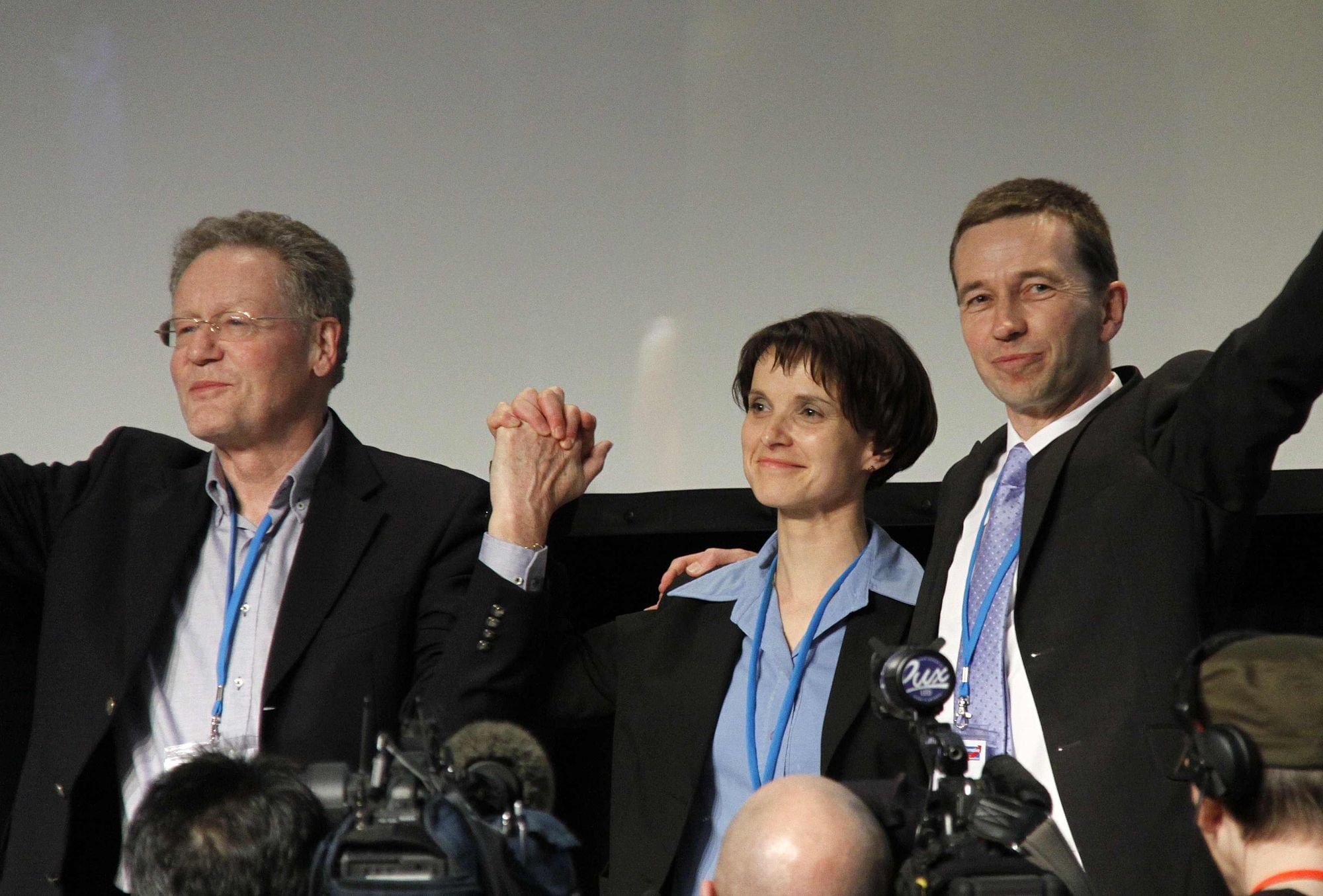 v.l.n.r: Parteisprecher Konrad Adam, Frauke Petry und Bernd Lucke auf dem Gründungsparteitag der AfD 2013