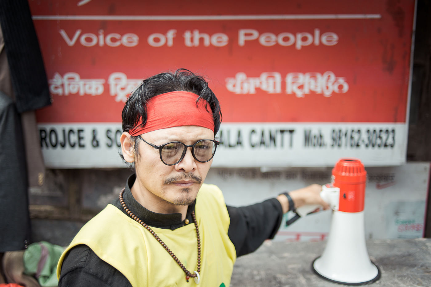 Aktivist Tenzin Tsundue bei einer Demonstration zur Herausgabe der sterblichen Überreste des letzten Selbstverbrennungsopfers in Kathmandu, Nepal.