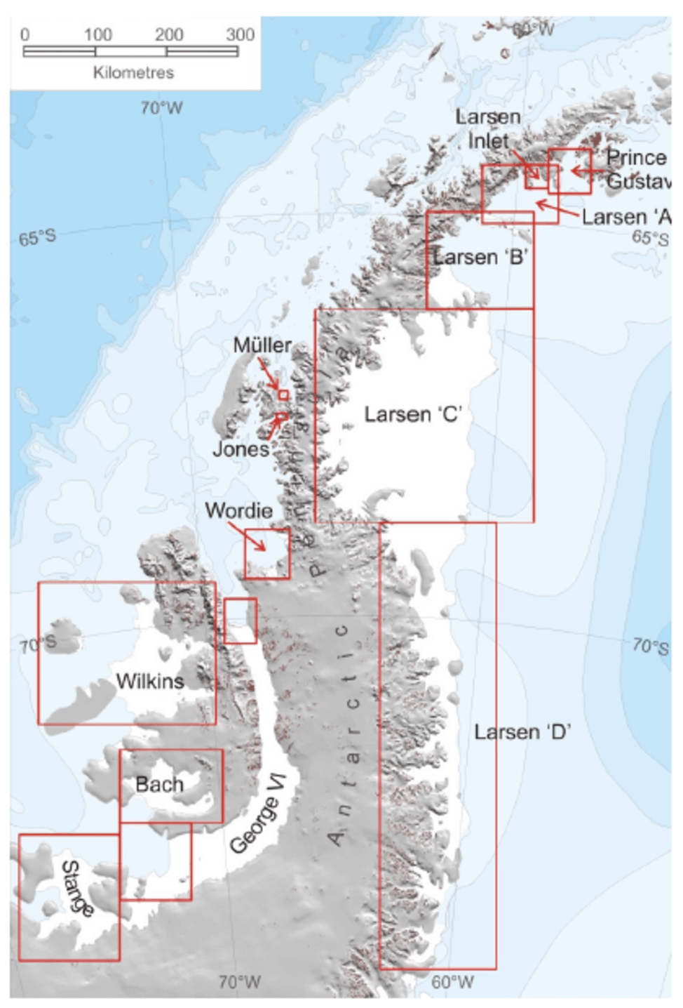 Die Eisschelfe der Antarktischen Halbinsel - Larsen A und B sind weitgehend verschwunden