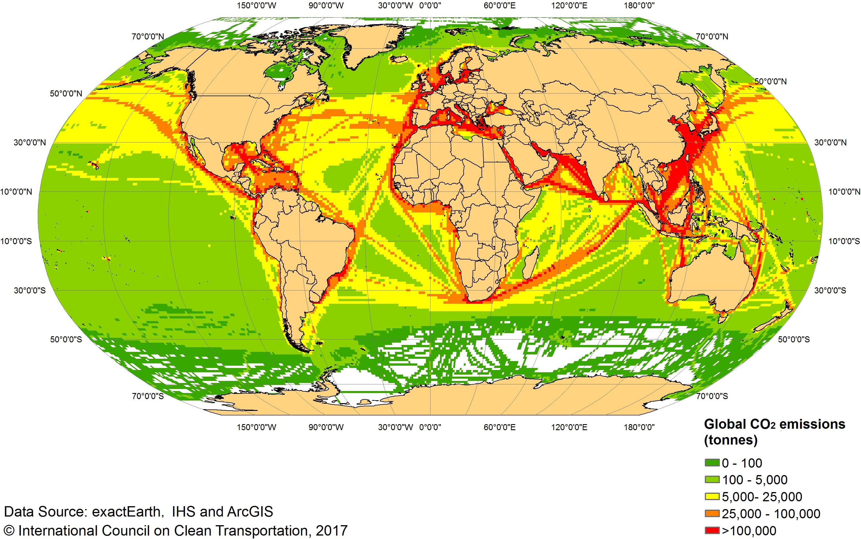 Die globalen Treibhausgasemissionen der Schifffahrt verteilen sich nicht gleichmäßig. Die Hauptschifffahrtsrouten sind klar erkennbar - in Ostasien, rund um die Arabische Halbinsel und Europa fallen die meisten Treibhausgasemissionen an. Ähnlich verhält es sich mit Umweltgiften wie Stick- und Schwefeloxiden.