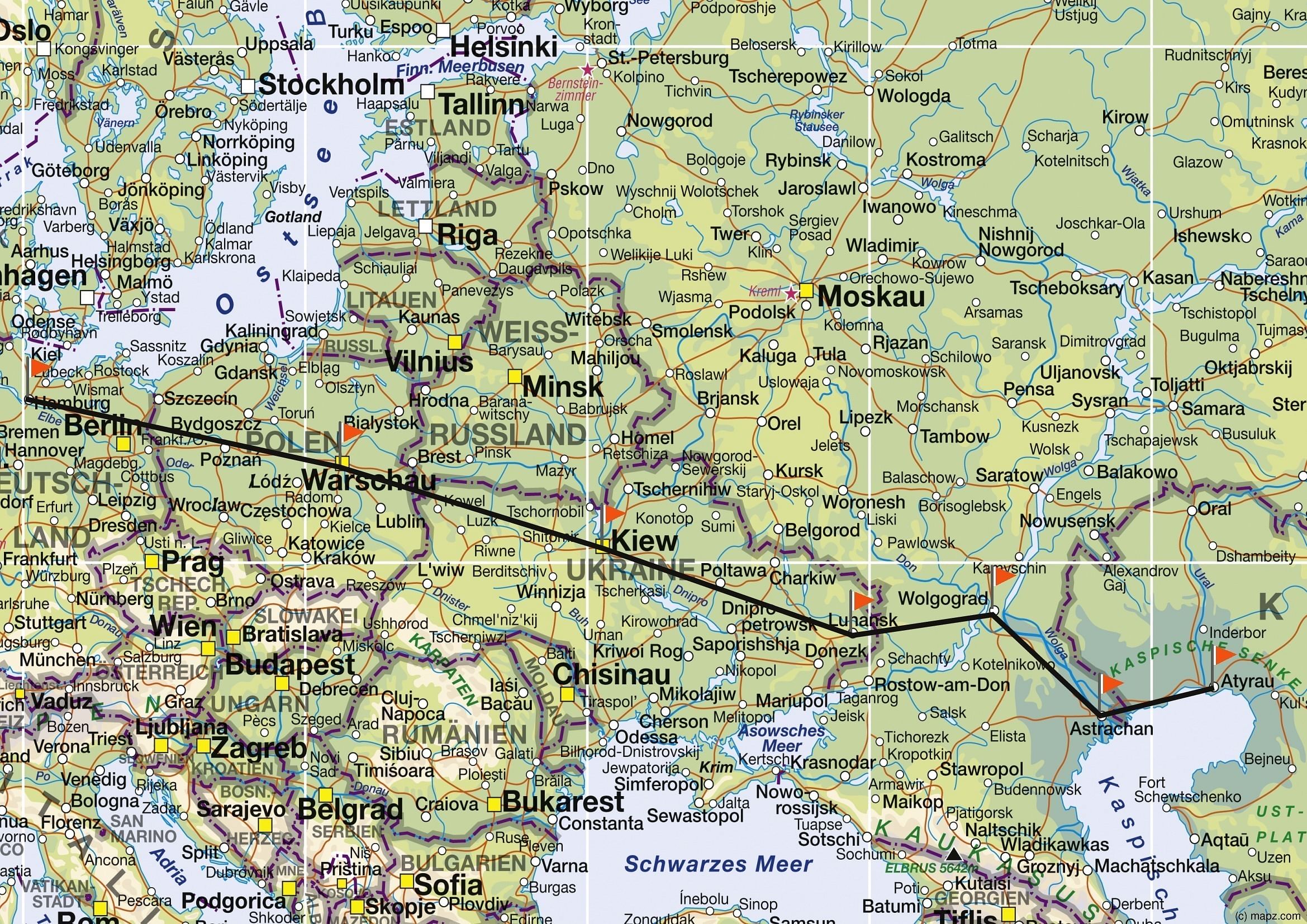 Die Fahrtstrecke: Hamburg - Warschau - Kiew - Lugansk - Wolgograd - Astrachan - Atyrau