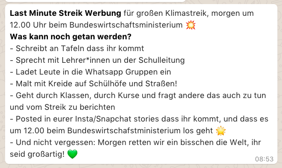 Screenshot aus der Whatsapp-Gruppe Fridays4Future Berlin 1