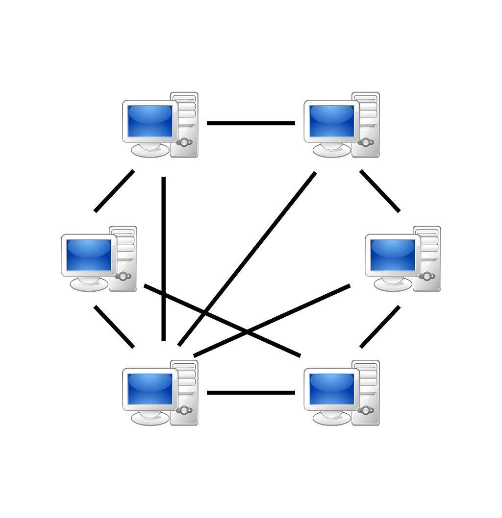 In einem Peer-To-Peer-Modell verbinden sich alle Geräte untereinander und bilden ein großes, dichtes Netzwerk. Dateien und Inhalte werden so nicht nur von einem Server bereitgestellt, sondern von vielen verschiedenen Geräten gleichzeitig.