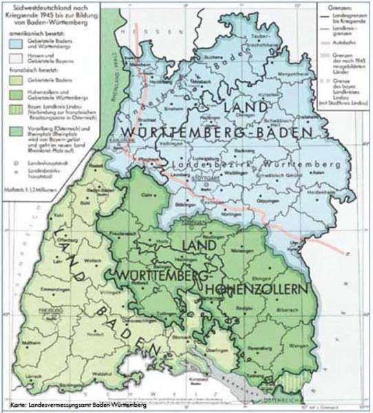 Drei Verwaltungszonen, zwei Besatzer. Die Franzosen (grün) waren ungleich restriktiver als die Amerikaner (blau).