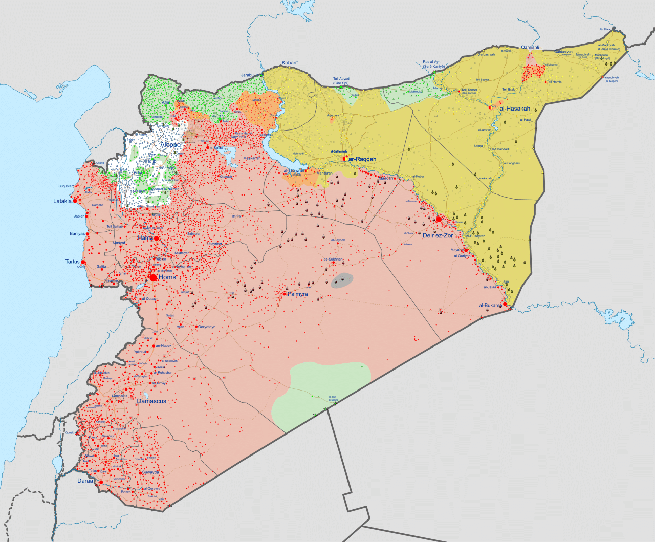 Die Frontlinien des syrischen Bürgerkrieges 2019: Assad-treue Regierungstruppen kontrollieren die roten Gebiete, die FSA, Dschihadistenmilizen und türkische Einheiten halten die grün markierten Gebiete besetzt, die gelb eingefärbten Gebiete halten die Demokratischen Kräfte Syriens.