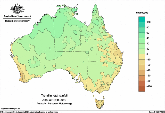 Wie sich der Regenfall in den letzten 100 Jahren in Australien entwickelt hat. Gut zu erkennen: An der Ostküste wird er weniger. Bitte beachten: Würde man nur auf die letzten 40 Jahre schauen, wären die Unterschiede noch extremer. In der ersten Hälfte des 20. Jahrhunderts regnete es noch mehr, das gleicht die Daten aus.