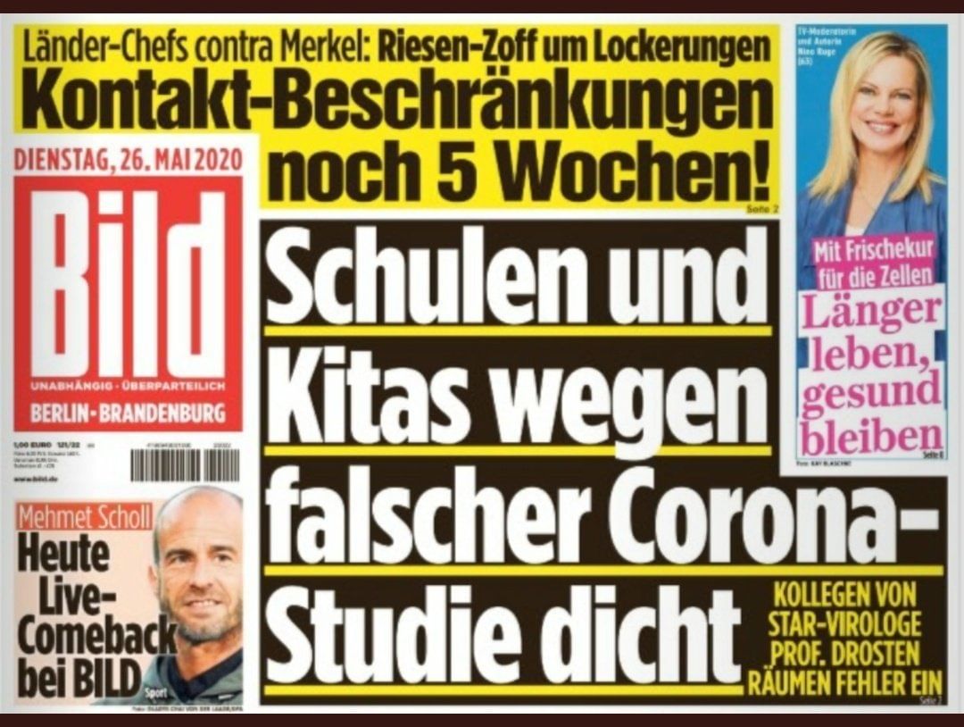 Titelseite der Bildzeitung: Schulen und Kitas wegen falscher Corona-Studie dich. Kollegen von Star-Virologe Drosten räumen Fehler ein