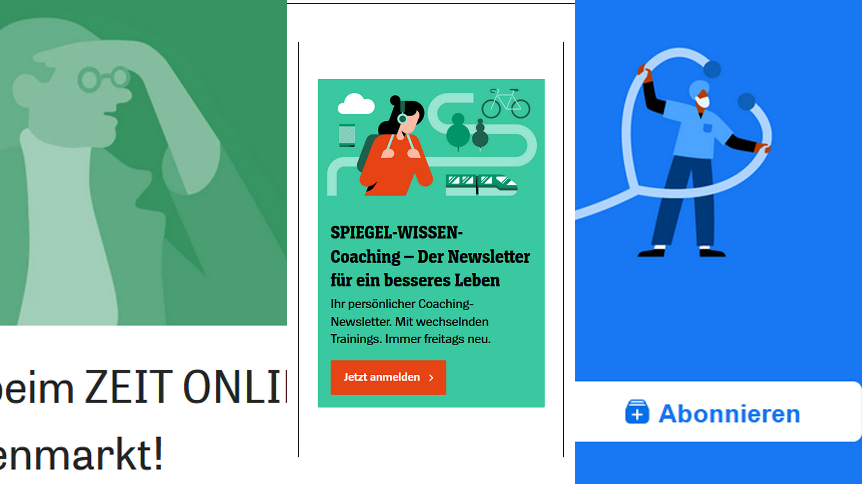 Wir sehen drei Screenshots, die nebeneinander Illustrationen von Drawkid zeigen. Links: Bei Zeit online – Eine Person, die in die Ferne sieht, Mitte: Bei Spiegel Online eine Person mit Kopfhörernund einem Fahrradweg, rechts bei Facebook ein Krankenpfleger mit einem Stethoskop