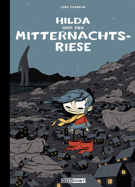 Wir sehen die Titelseite eines Buches, auf dem ein Kind zu sehen ist, das ein Riese ist. Kleine schwarze Häuser umgeben es.