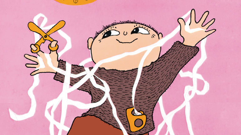 Wir sehen eine Illustration eines Kindes, das eine langes Tesaband um sich herumgewurschdelt und eine Schere in der Hand hat.