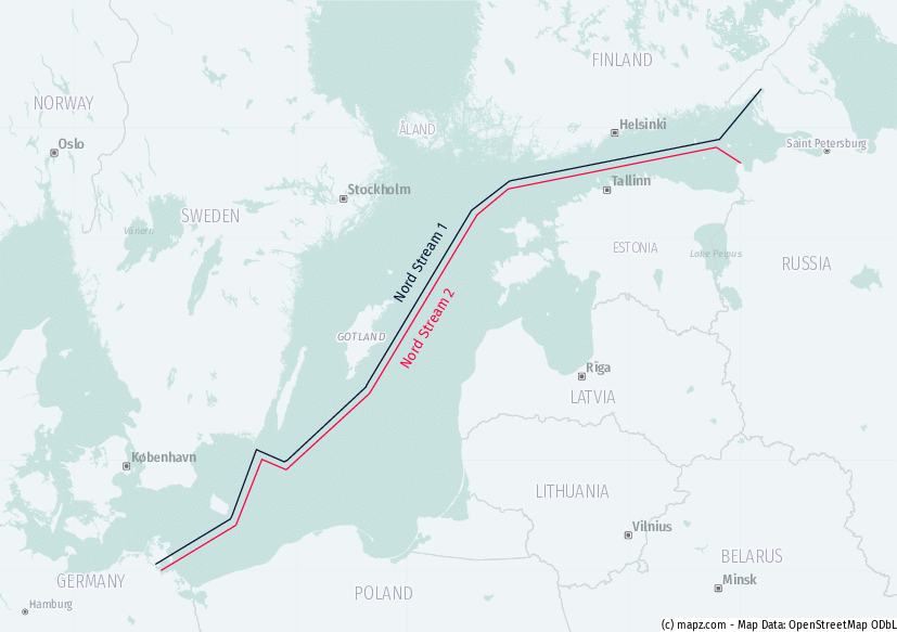 Europakarte, auf der der Verlauf von Nord Stream 2 in der Ostsee eingezeichnet ist.