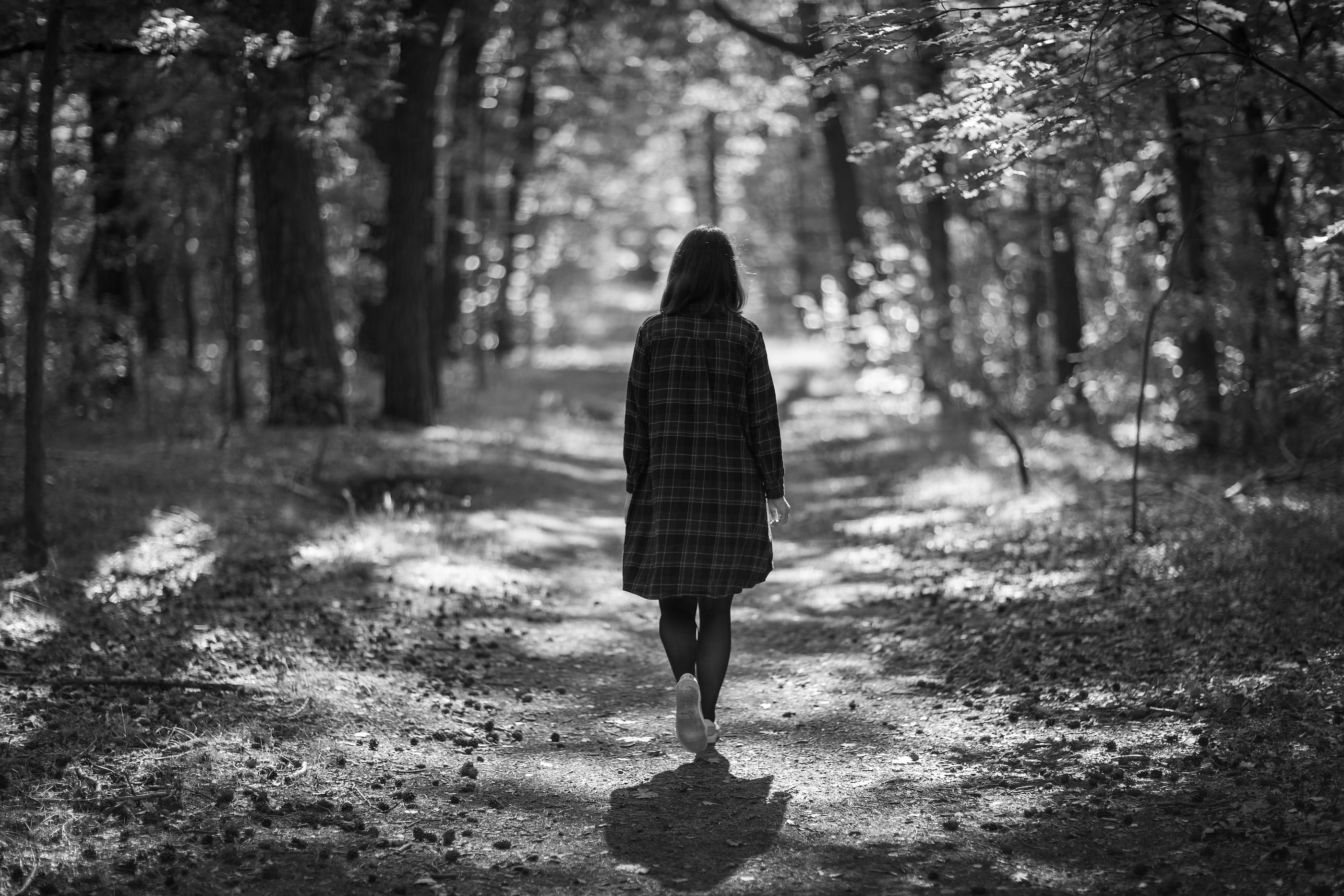 Die Autorin läuft auf einem Waldweg, der von Sonnenstrahlen durchflutet ist.